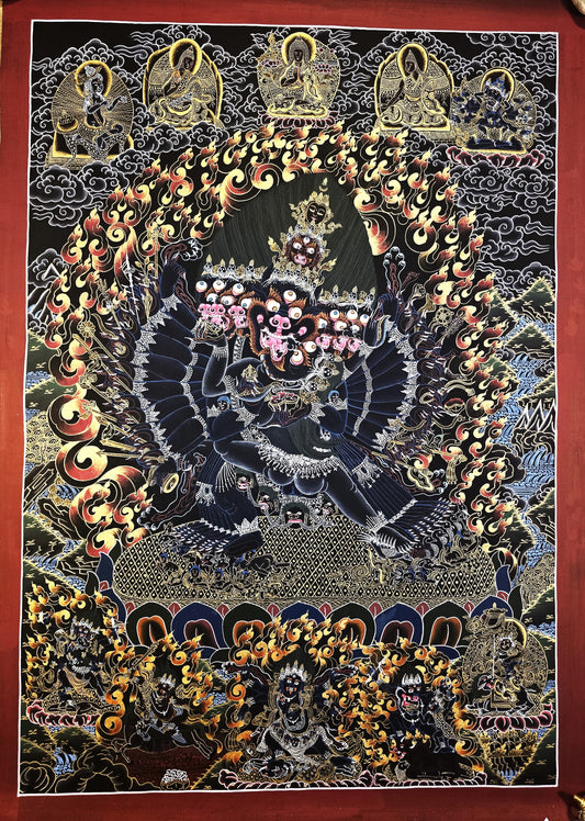 Hand Painted Original Yamantaka with Consort Shakti Masterpiece Smoky Tibetan Thangka Painting/ Wall Hanging/ Compassion Meditation Art