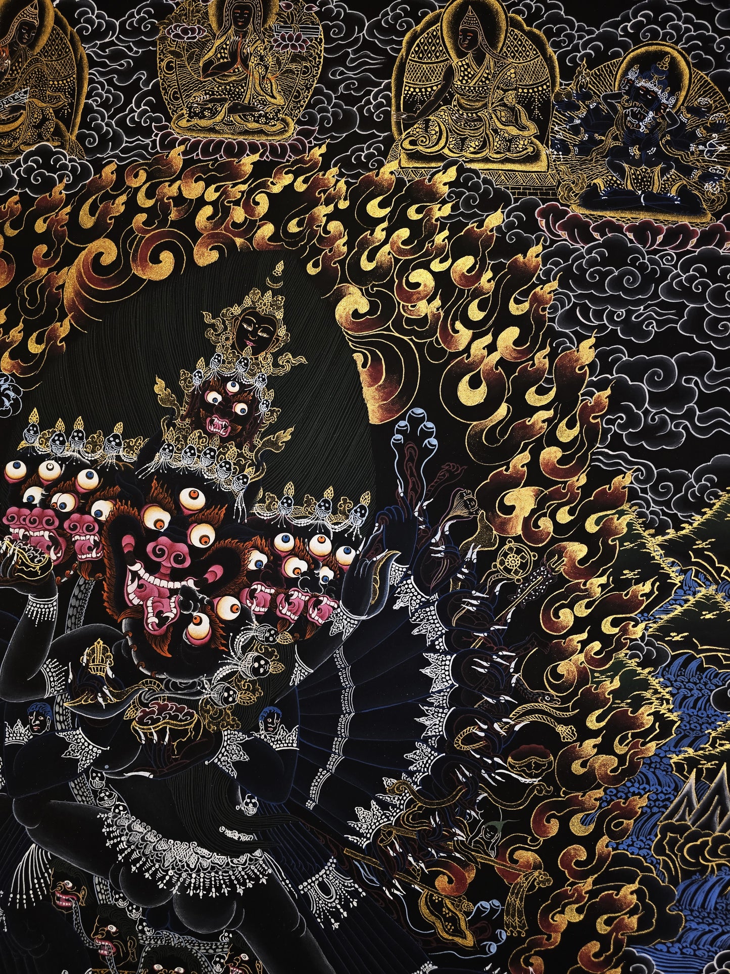 Hand Painted Original Yamantaka with Consort Shakti Masterpiece Smoky Tibetan Thangka Painting/ Wall Hanging/ Compassion Meditation Art