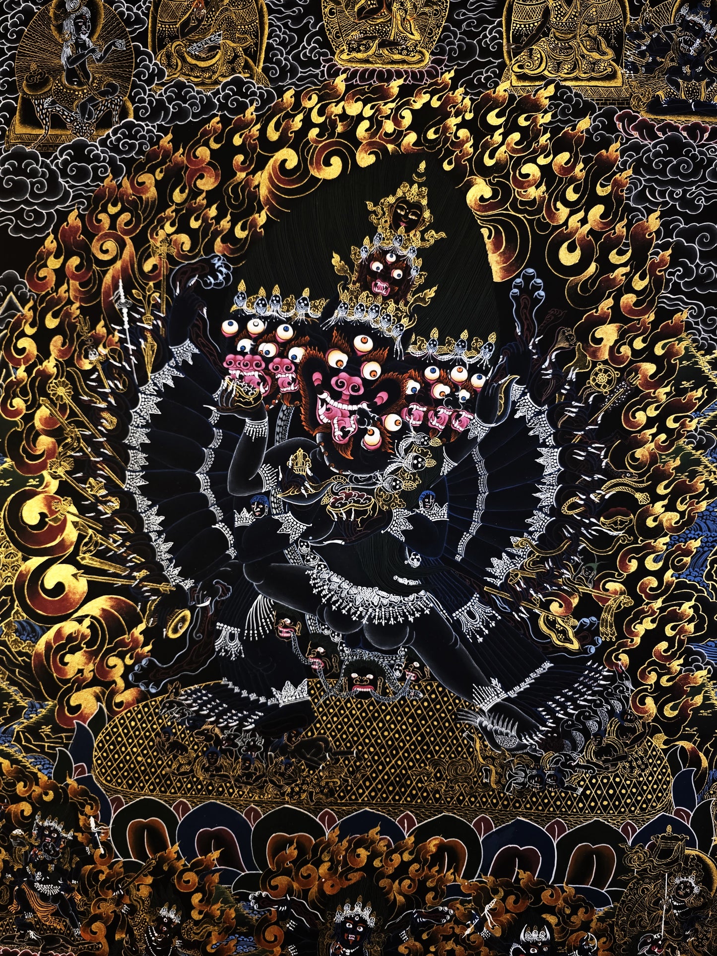 Hand Painted Original Yamantaka with Consort Shakti Masterpiece Smoky Tibetan Thangka Painting/ Wall Hanging/ Compassion Meditation Art