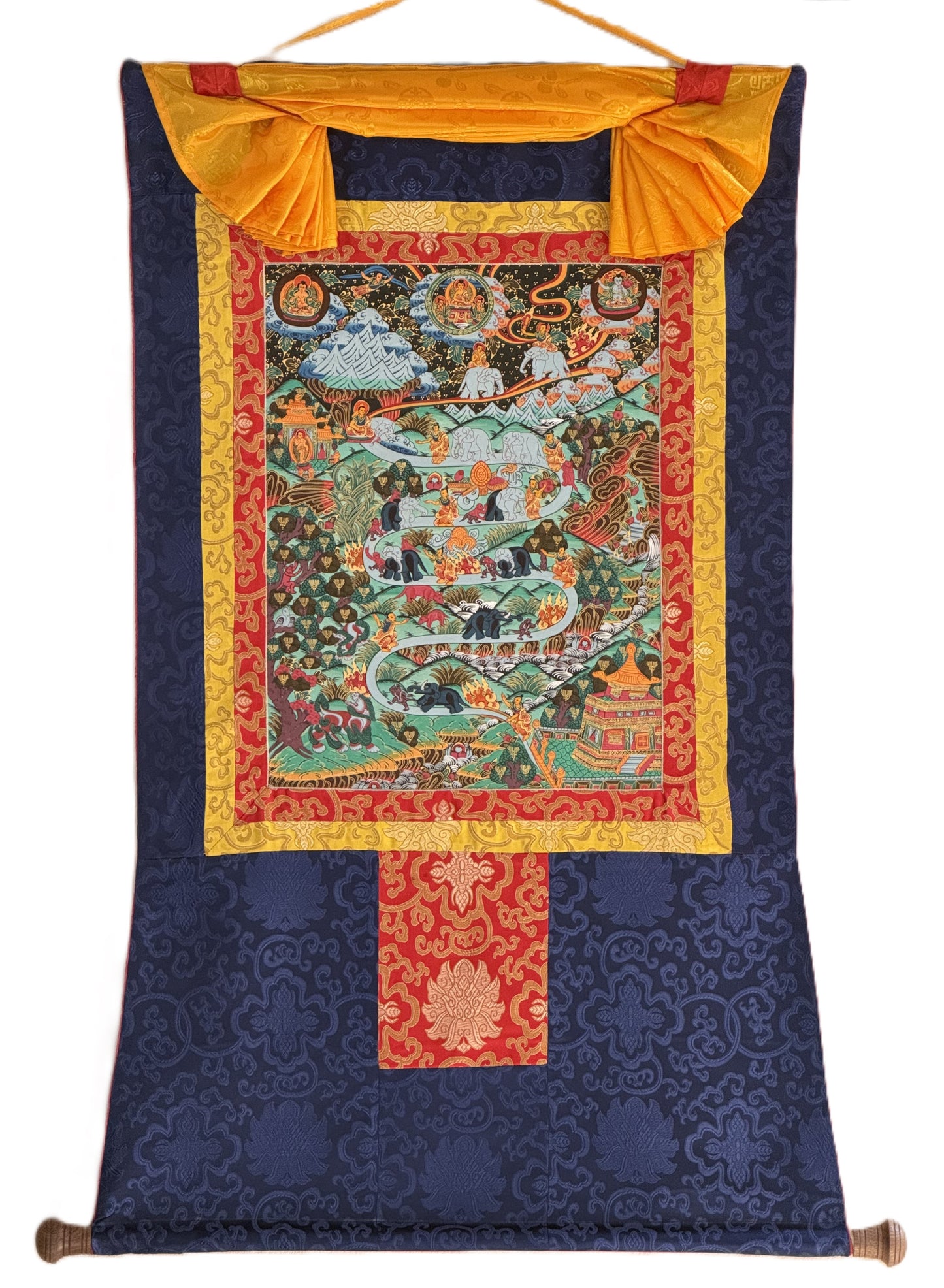 Samatha Meditation Way to Heaven Original Tibetan Thangka Painting with Silk Brocade