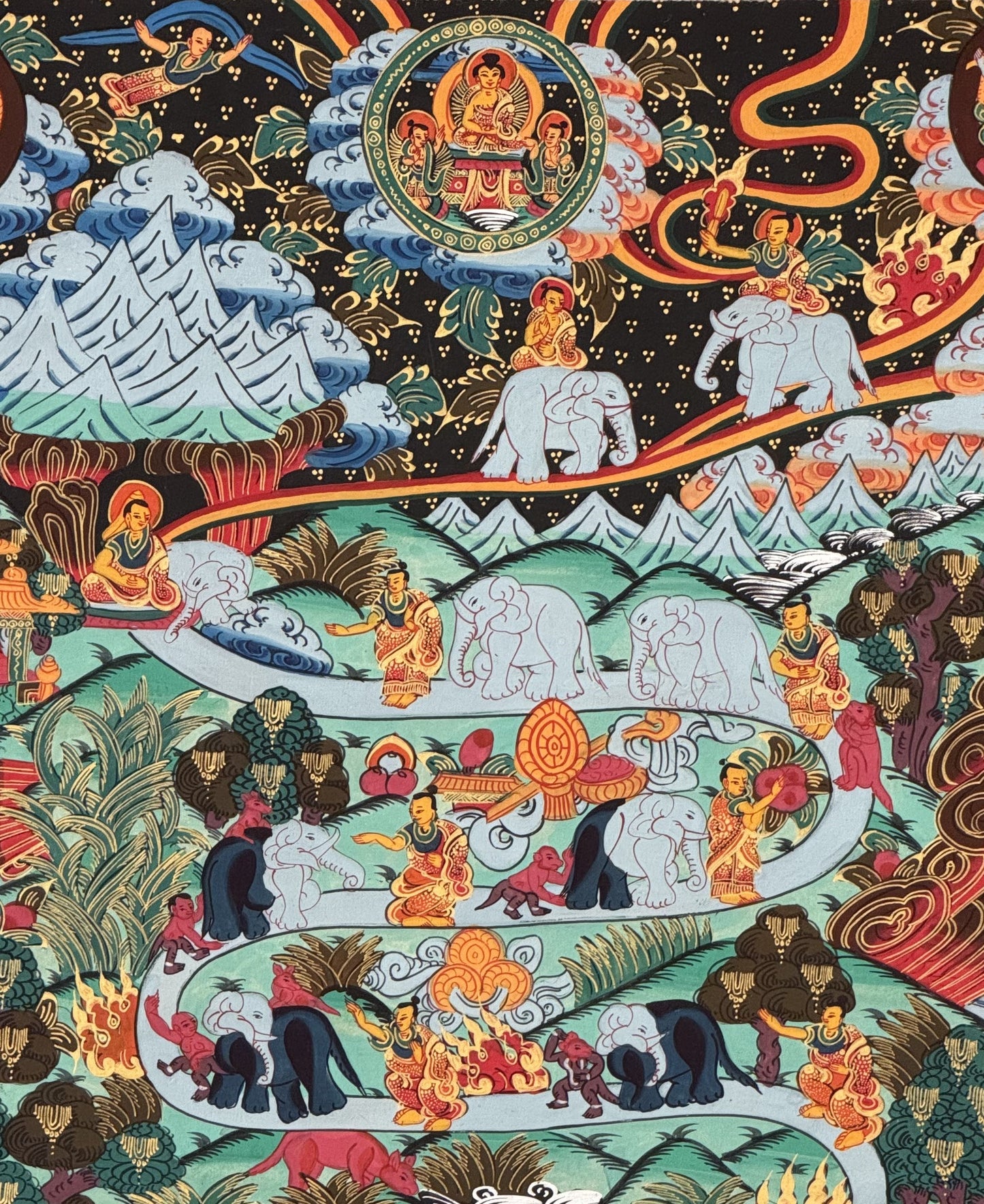 Samatha Meditation Way to Heaven Original Tibetan Thangka Painting with Silk Brocade
