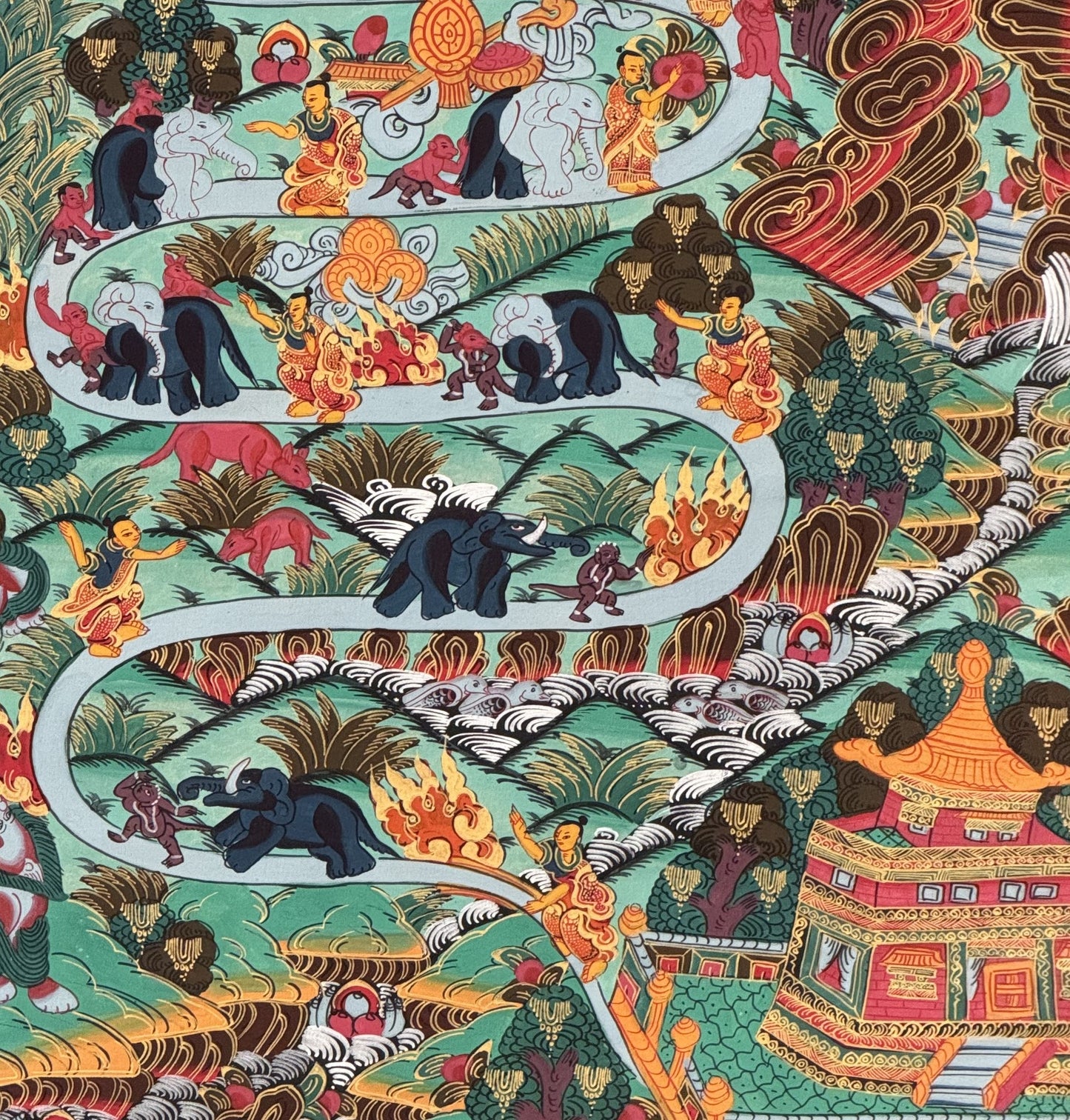 Samatha Meditation Way to Heaven Original Tibetan Thangka Painting with Silk Brocade
