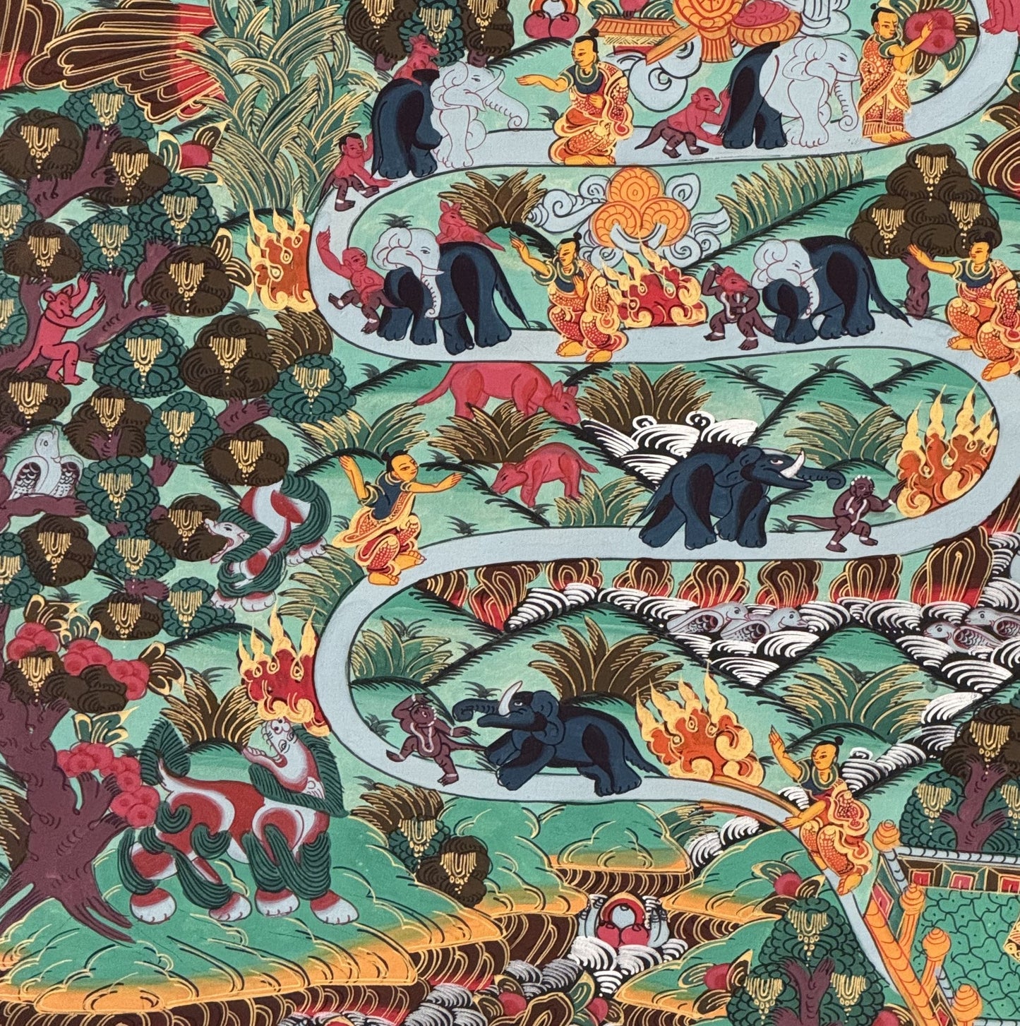 Samatha Meditation Way to Heaven Original Tibetan Thangka Painting with Silk Brocade