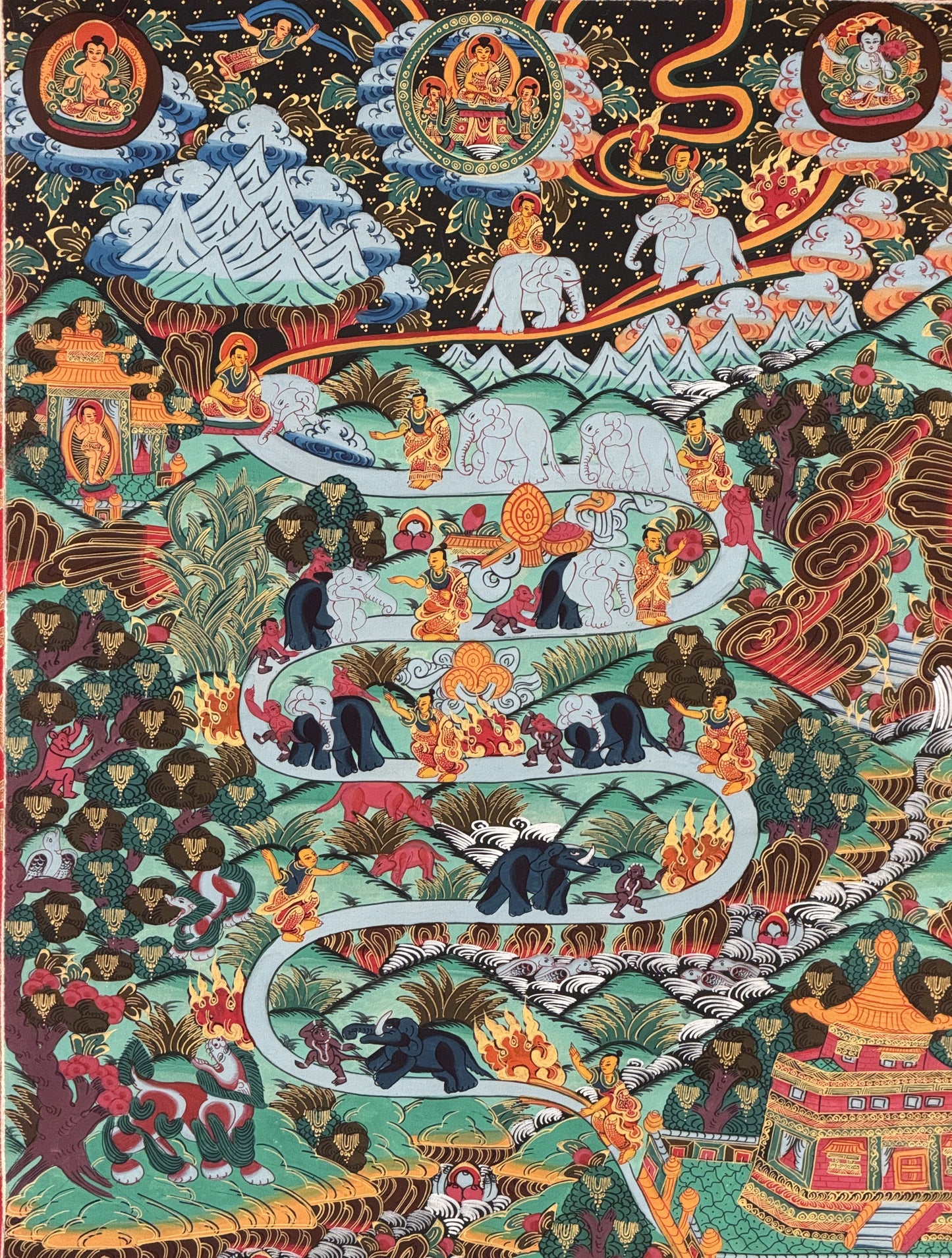 Samatha Meditation Way to Heaven Original Tibetan Thangka Painting with Silk Brocade