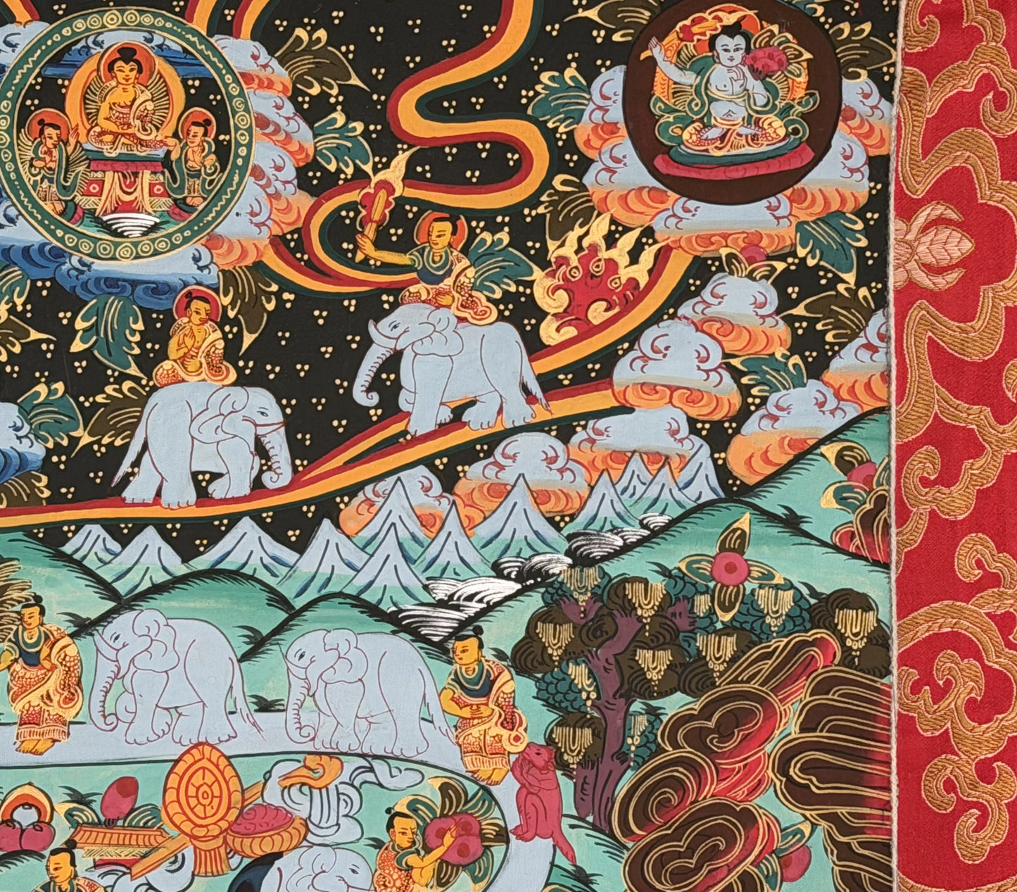 Samatha Meditation Way to Heaven Original Tibetan Thangka Painting with Silk Brocade