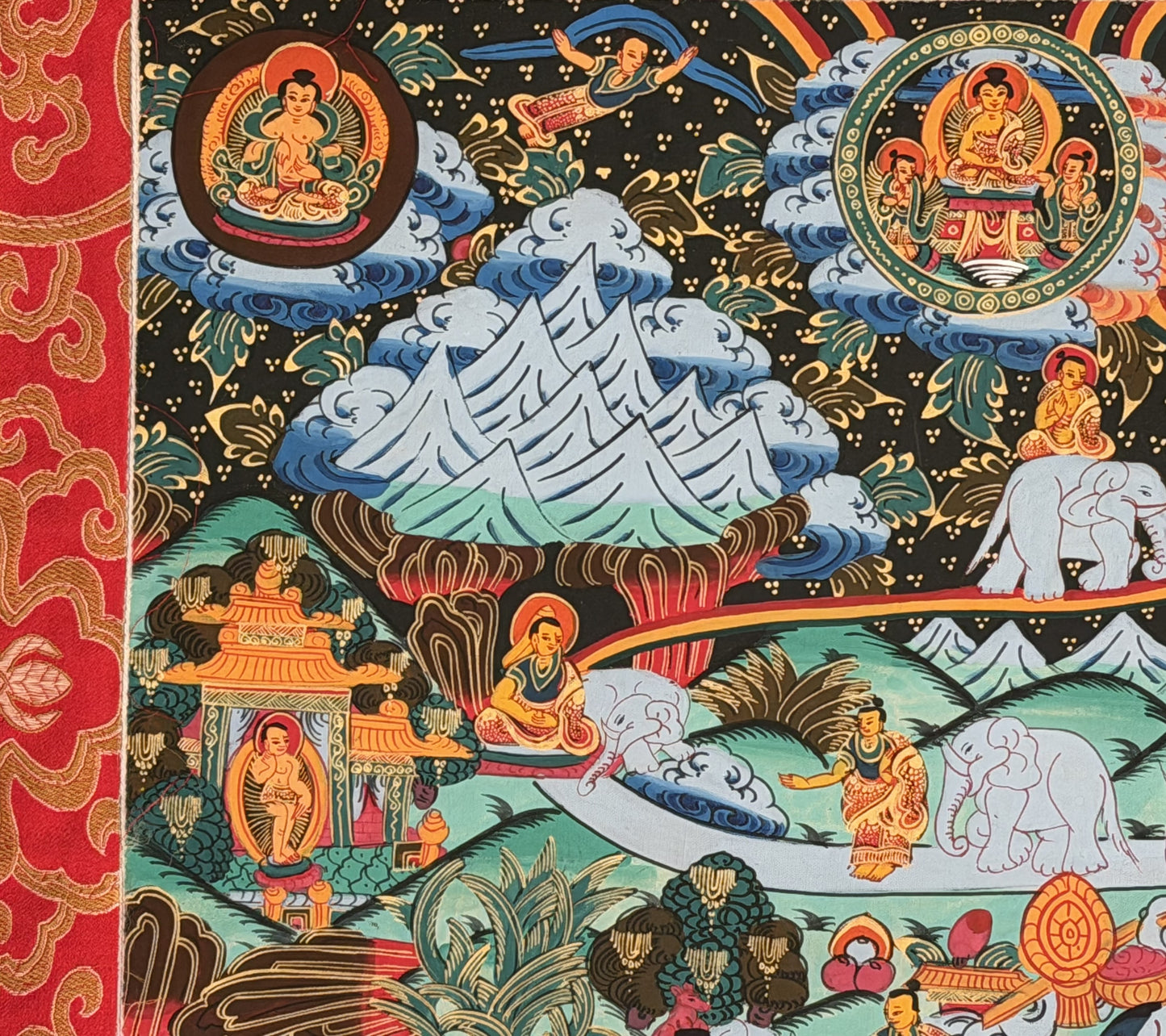 Samatha Meditation Way to Heaven Original Tibetan Thangka Painting with Silk Brocade
