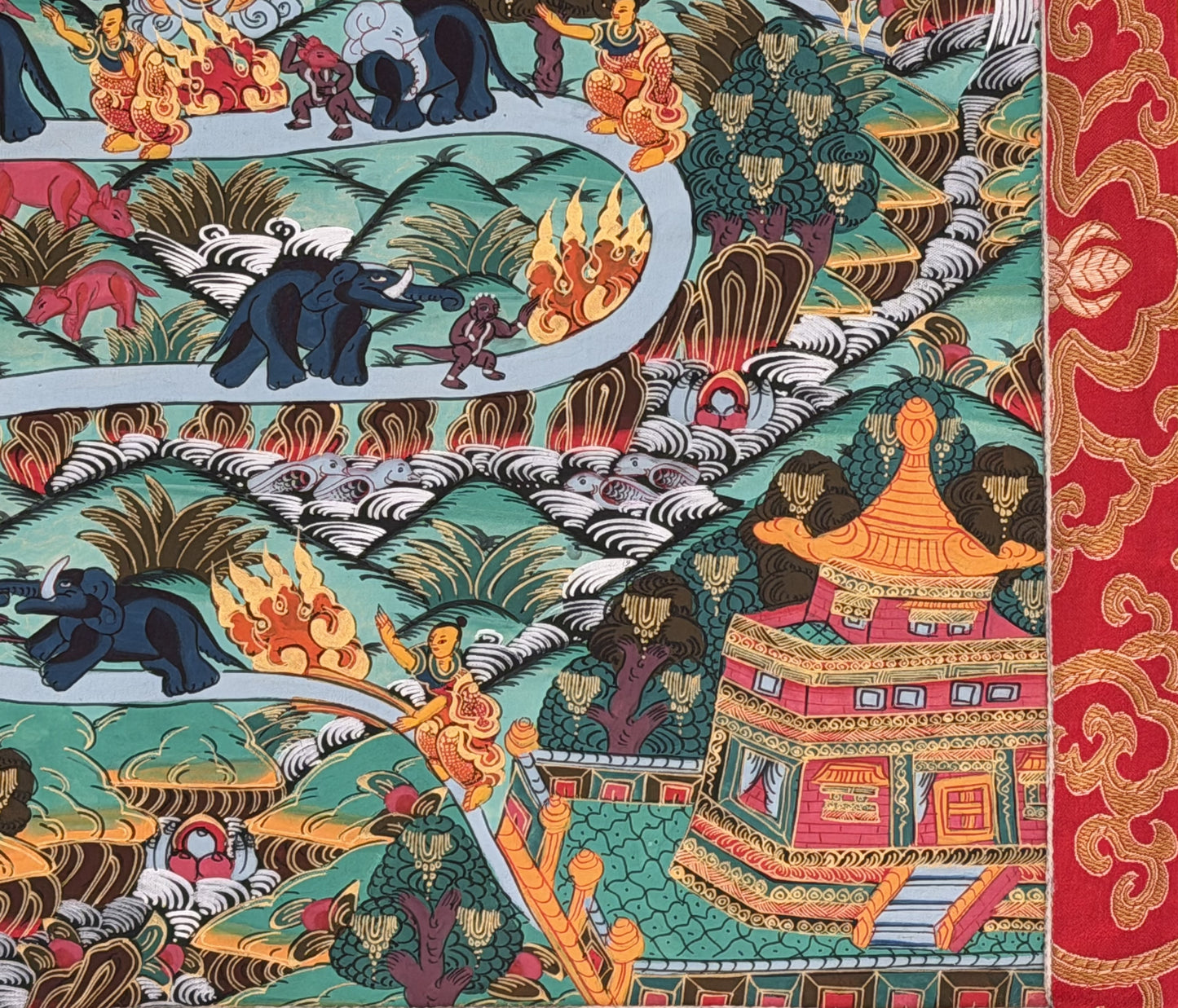Samatha Meditation Way to Heaven Original Tibetan Thangka Painting with Silk Brocade