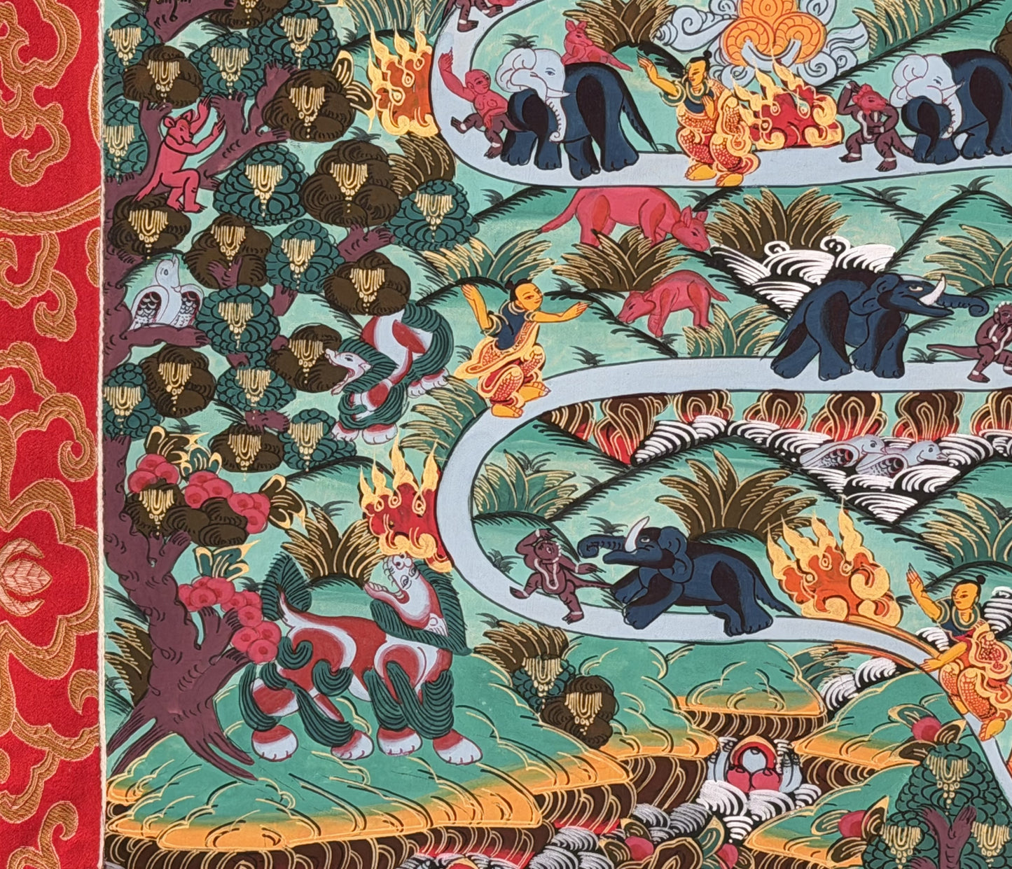 Samatha Meditation Way to Heaven Original Tibetan Thangka Painting with Silk Brocade