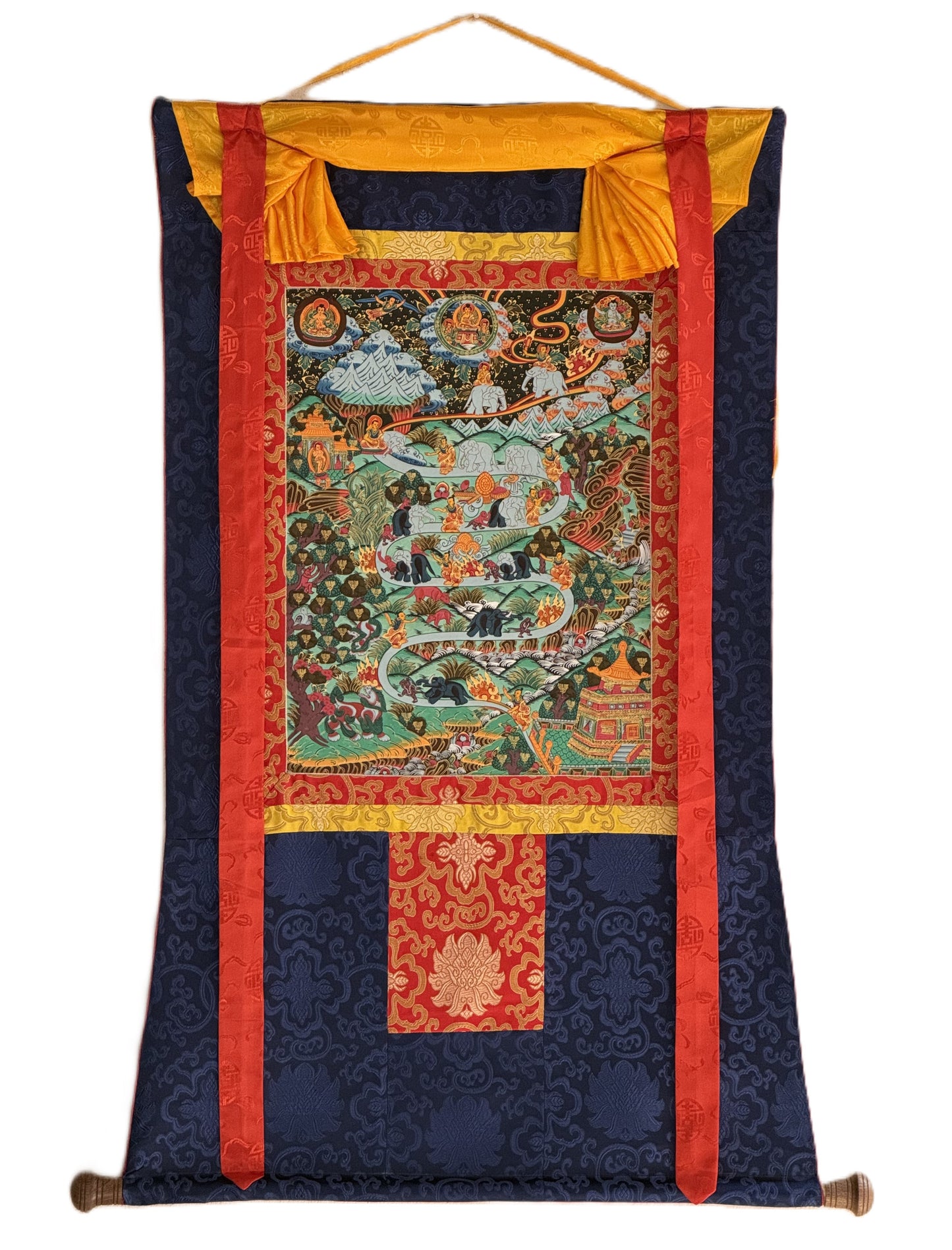 Samatha Meditation Way to Heaven Original Tibetan Thangka Painting with Silk Brocade