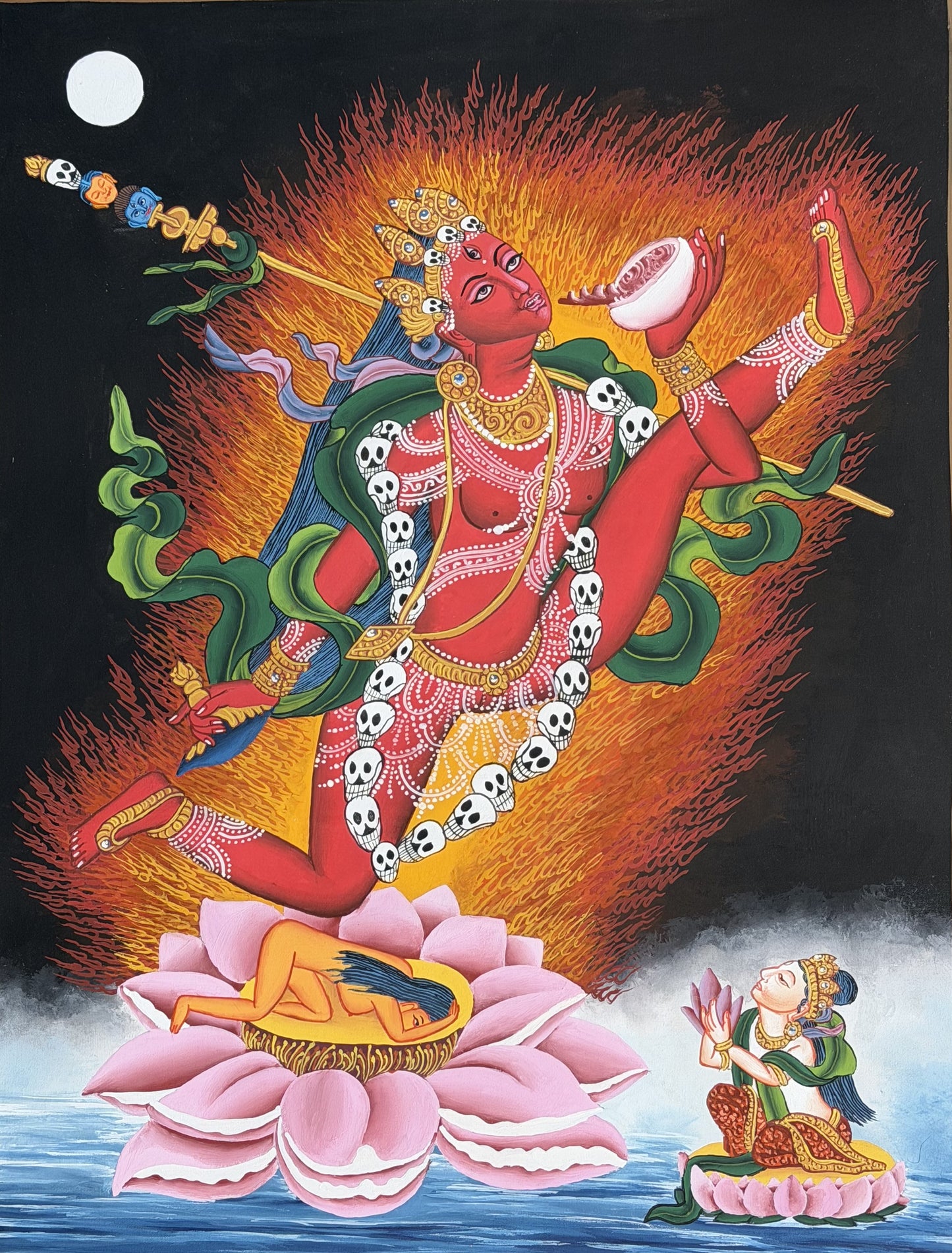 Original Hand-Painted Akash Yogini Newari Paubha Thangka Painting – Masterpiece Tibetan Buddhist Art