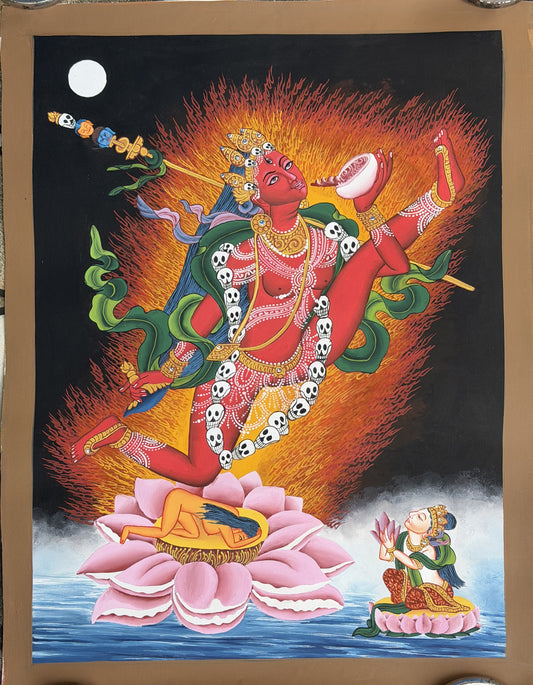 Original Hand-Painted Akash Yogini Newari Paubha Thangka Painting – Masterpiece Tibetan Buddhist Art