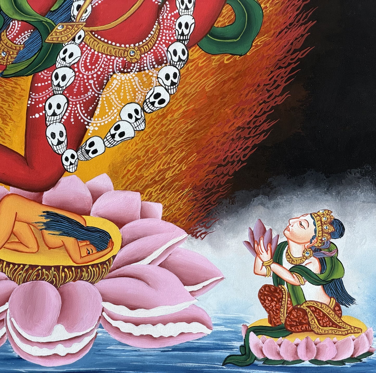 Original Hand-Painted Akash Yogini Newari Paubha Thangka Painting – Masterpiece Tibetan Buddhist Art