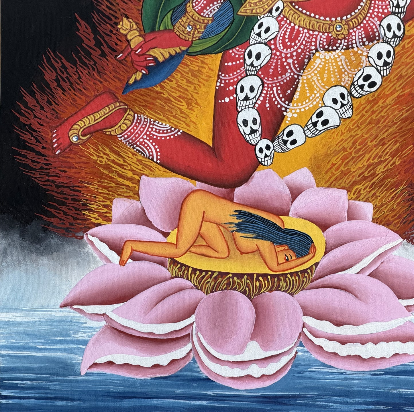 Original Hand-Painted Akash Yogini Newari Paubha Thangka Painting – Masterpiece Tibetan Buddhist Art