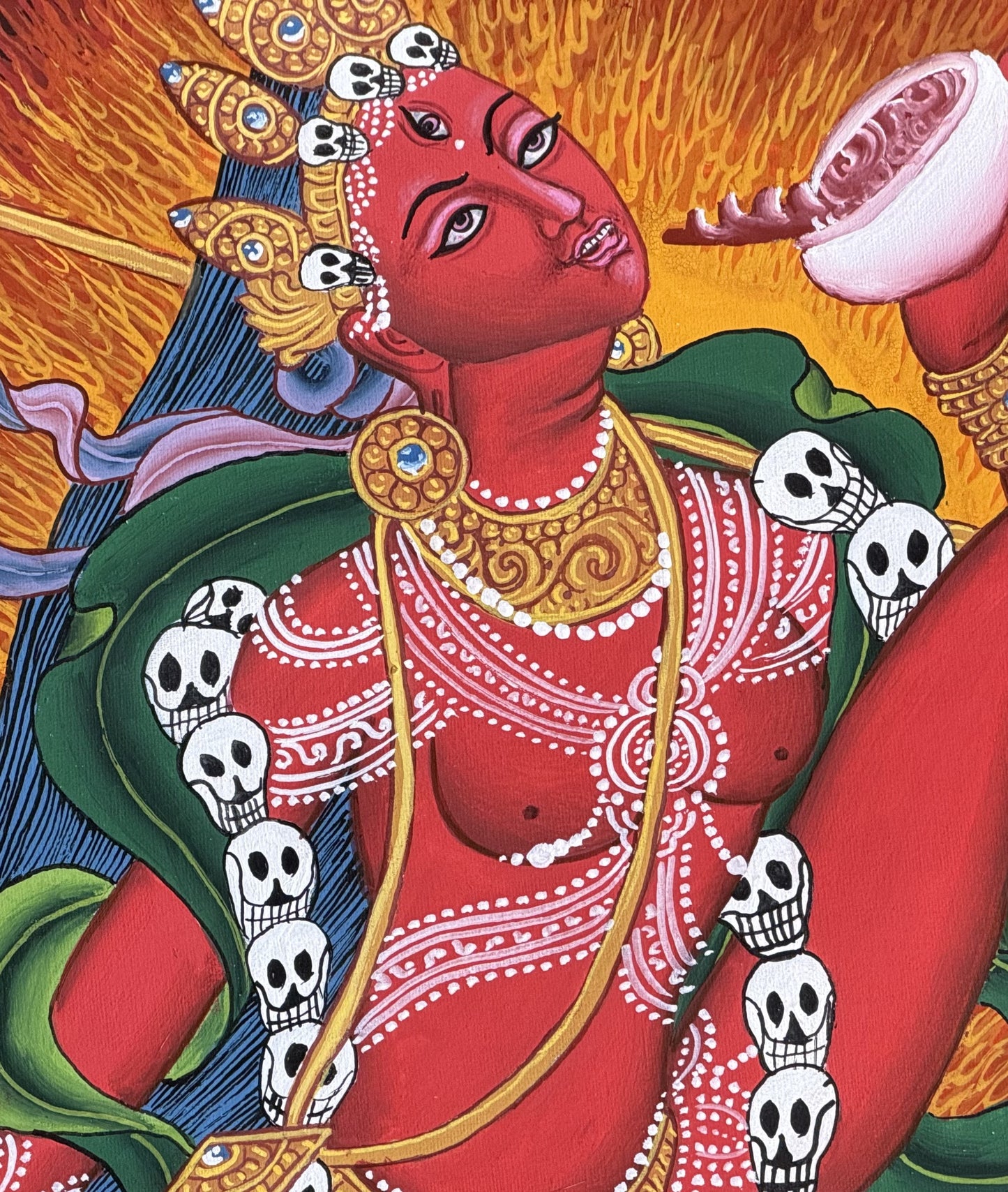 Original Hand-Painted Akash Yogini Newari Paubha Thangka Painting – Masterpiece Tibetan Buddhist Art