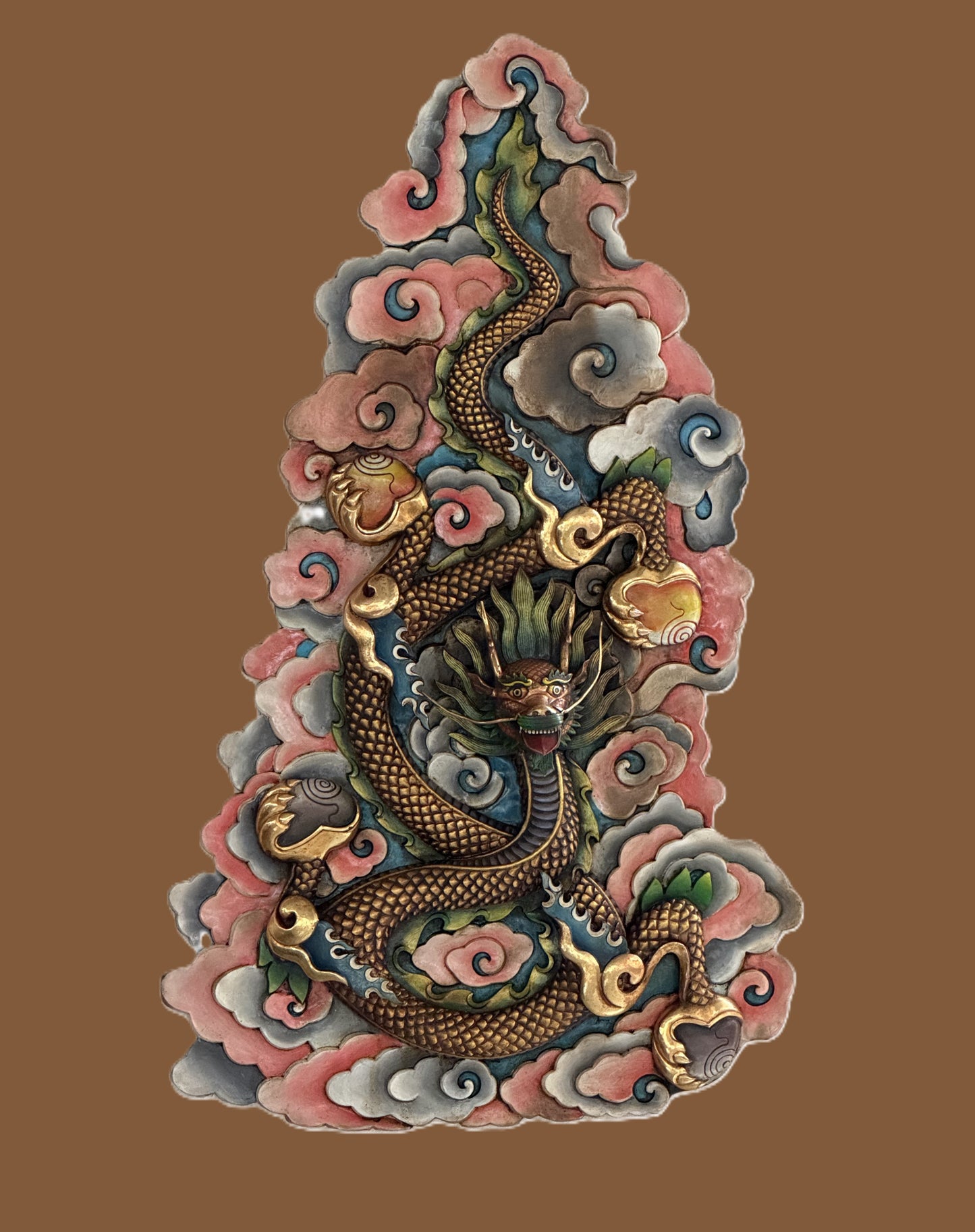 Handcrafted Copper Dragon Wall Hanging Gold-Plated Himalayan Feng Shui Protection Art – Large Statement Piece