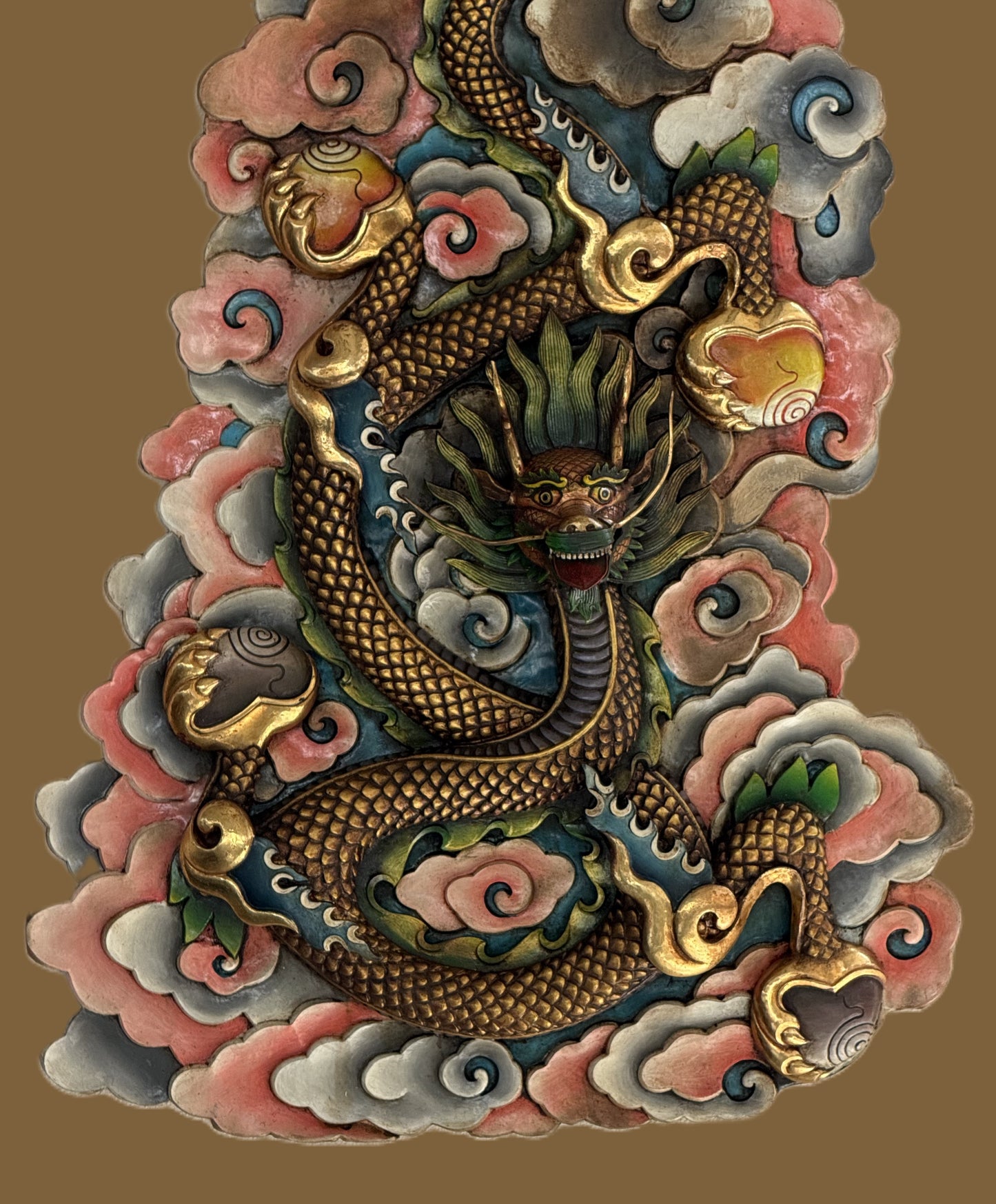 Handcrafted Copper Dragon Wall Hanging Gold-Plated Himalayan Feng Shui Protection Art – Large Statement Piece