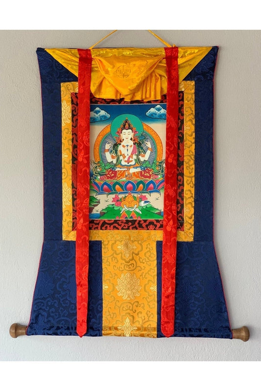 4 - Armed Avalokiteshvara, Lokeswor, Chyangresi, Chenrezig, Thangka Painting with Silk Brocade - Tibetan Thangka Art