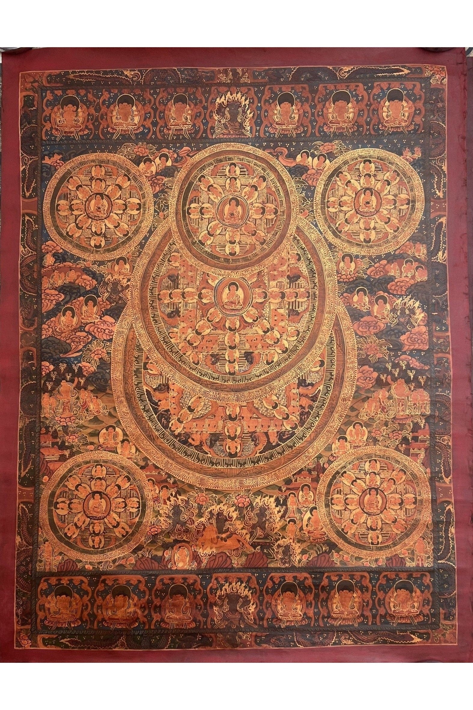 5 Buddha Big Circle Mandala Master Quality Oil - Varnished Tibetan Thangka Painting Original Art/Wall Hanging for Shrine, Home or Office - Tibetan Thangka Art