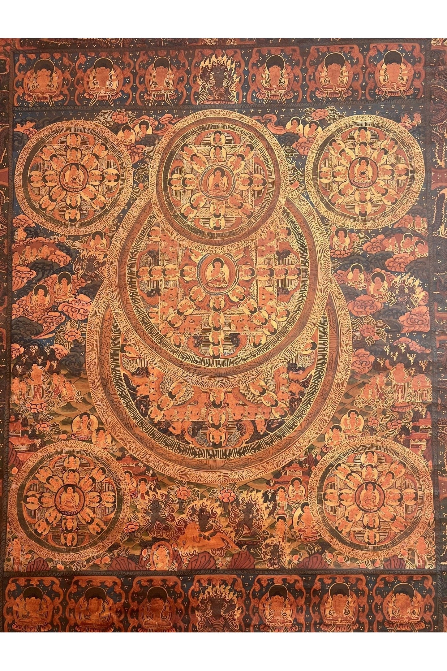 5 Buddha Big Circle Mandala Master Quality Oil - Varnished Tibetan Thangka Painting Original Art/Wall Hanging for Shrine, Home or Office - Tibetan Thangka Art