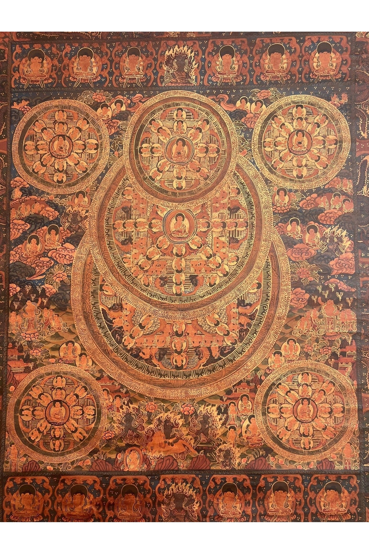 5 Buddha Big Circle Mandala Master Quality Oil - Varnished Tibetan Thangka Painting Original Art/Wall Hanging for Shrine, Home or Office - Tibetan Thangka Art