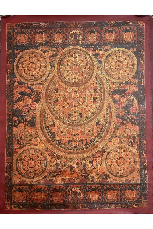 5 Buddha Big Circle Mandala Master Quality Oil - Varnished Tibetan Thangka Painting Original Art/Wall Hanging for Shrine, Home or Office - Tibetan Thangka Art