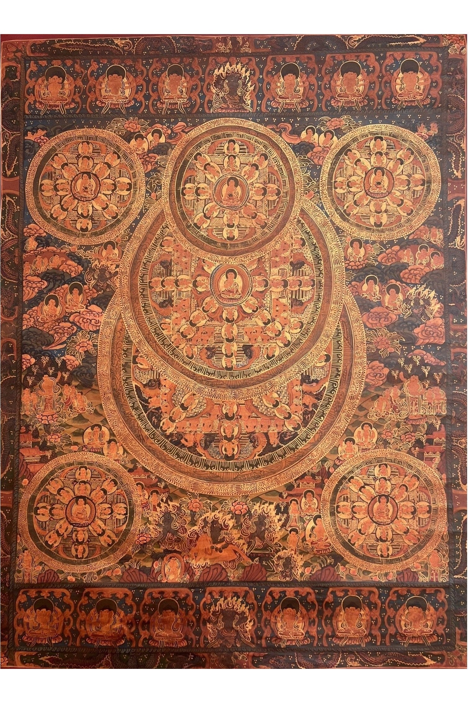5 Buddha Big Circle Mandala Master Quality Oil - Varnished Tibetan Thangka Painting Original Art/Wall Hanging for Shrine, Home or Office - Tibetan Thangka Art