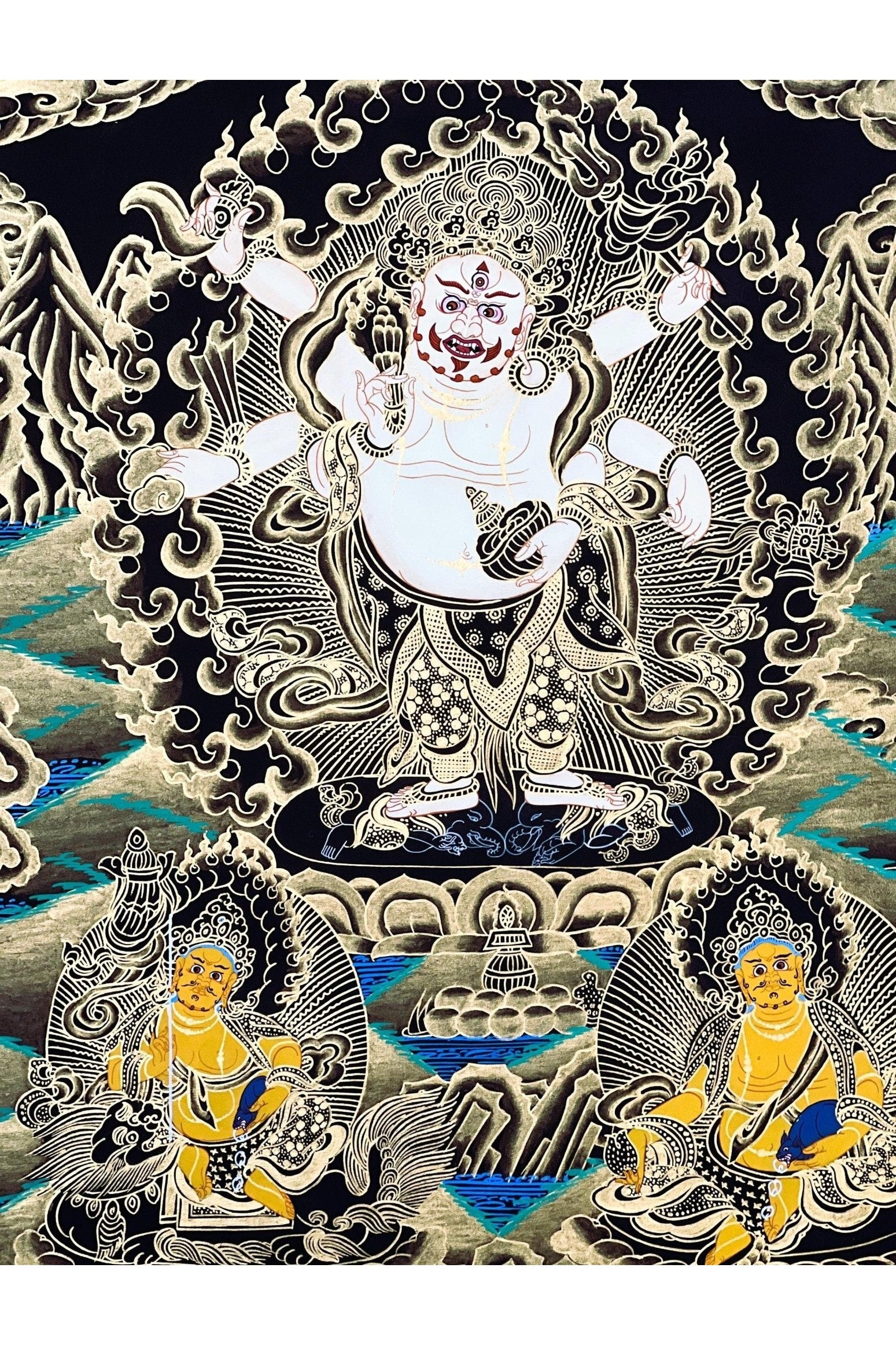 6 - Armed White Mahakala,/Mahankala/ Kalabhairava, Master Quality Black and Gold Tibetan Thangka Painting/ Original Hand - Painting - Tibetan Thangka Art