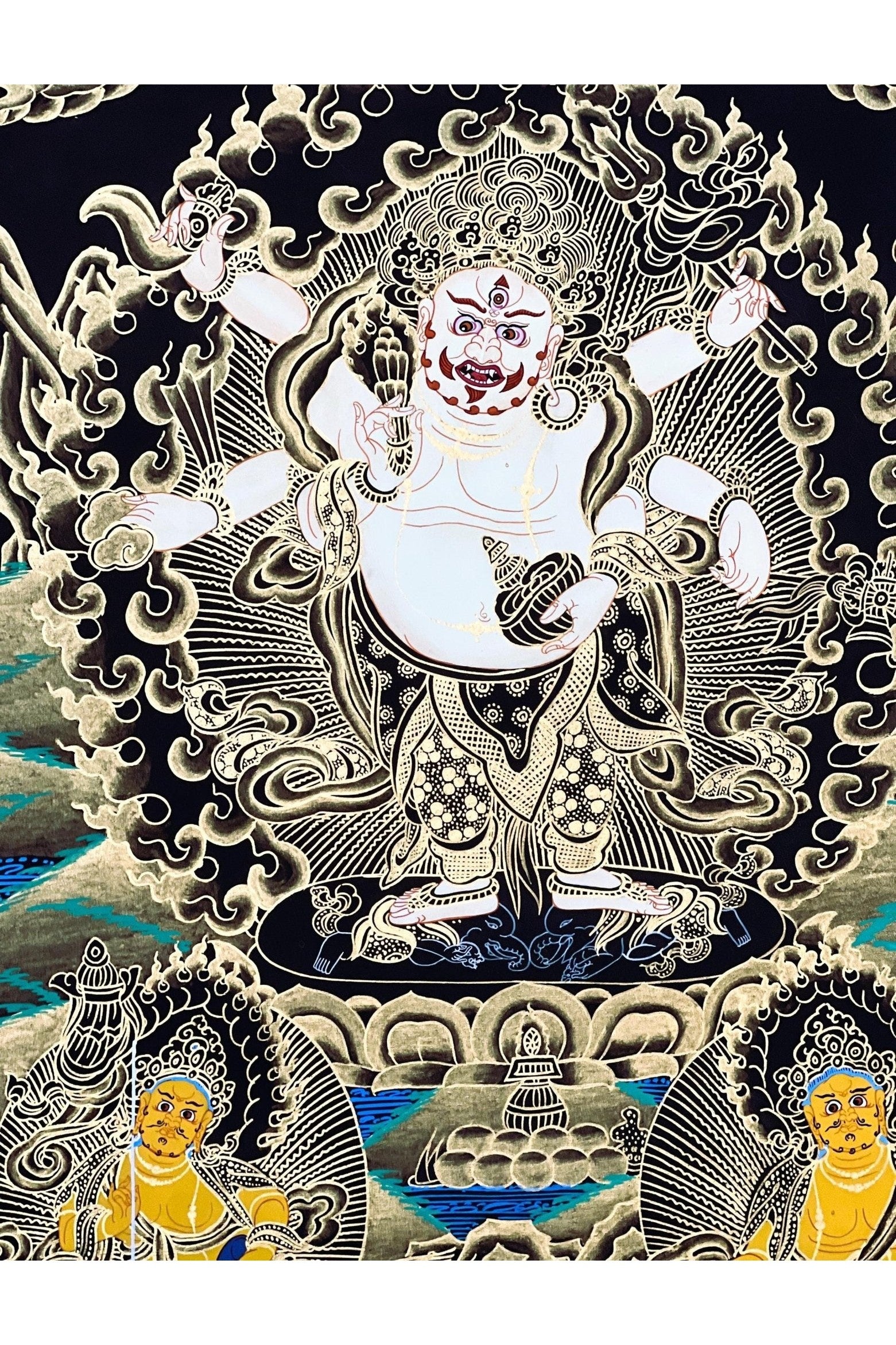 6 - Armed White Mahakala,/Mahankala/ Kalabhairava, Master Quality Black and Gold Tibetan Thangka Painting/ Original Hand - Painting - Tibetan Thangka Art