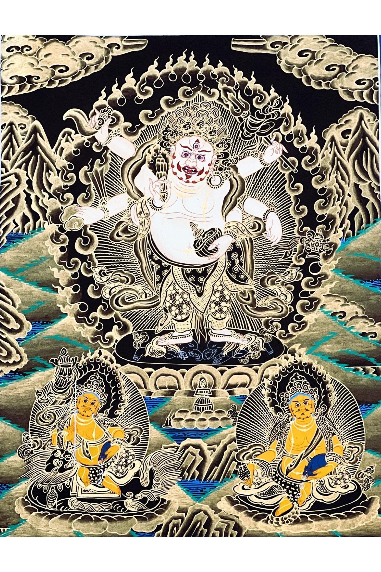 6 - Armed White Mahakala,/Mahankala/ Kalabhairava, Master Quality Black and Gold Tibetan Thangka Painting/ Original Hand - Painting - Tibetan Thangka Art