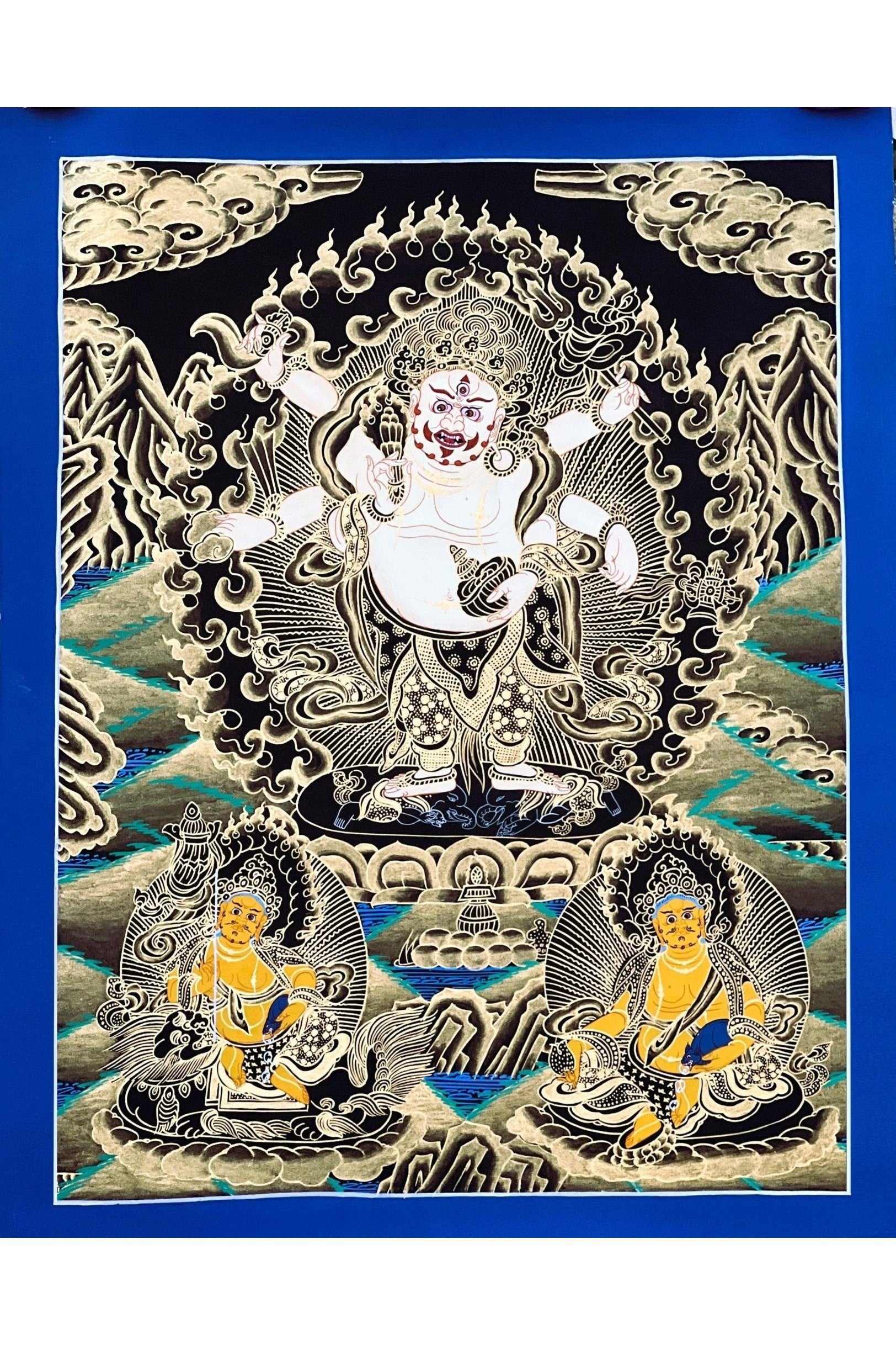 6 - Armed White Mahakala,/Mahankala/ Kalabhairava, Master Quality Black and Gold Tibetan Thangka Painting/ Original Hand - Painting - Tibetan Thangka Art
