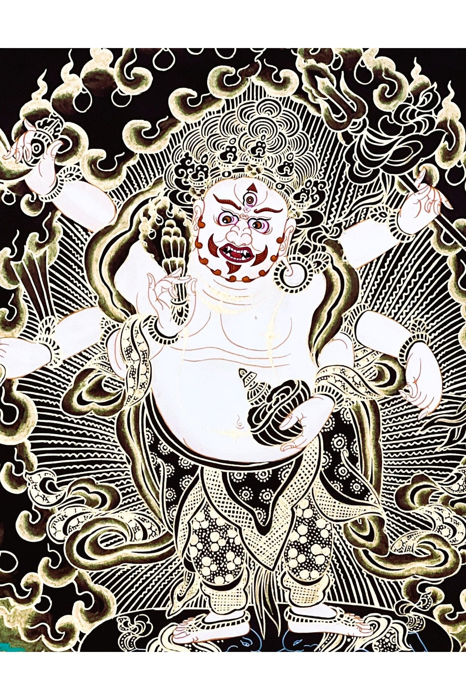 6 - Armed White Mahakala,/Mahankala/ Kalabhairava, Master Quality Black and Gold Tibetan Thangka Painting/ Original Hand - Painting - Tibetan Thangka Art