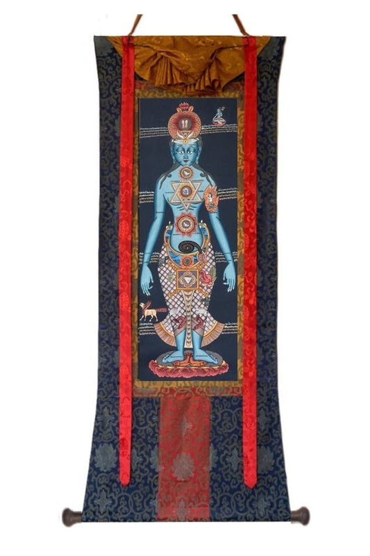 7 Body Chakras/ Yogic Chakra/ Kundalini Energy/ Kundalini Healing Masterpiece Tibetan Thangka Painting Original Art with Silk Brocade - Tibetan Thangka Art