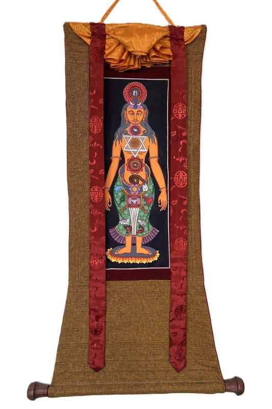 7 Chakra/ Kundalini Energy/ Kundalini Yoga/ Thangka Painting/ Yogic Chakra/ Original Hand - painted Art with Cotton Brocade - Tibetan Thangka Art