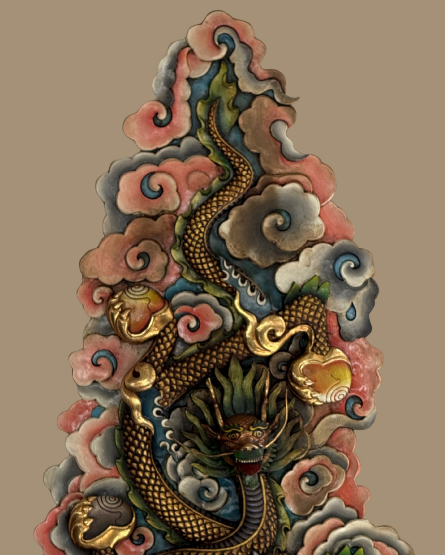 Handcrafted Copper Dragon Wall Hanging Gold-Plated Himalayan Feng Shui Protection Art – Large Statement Piece