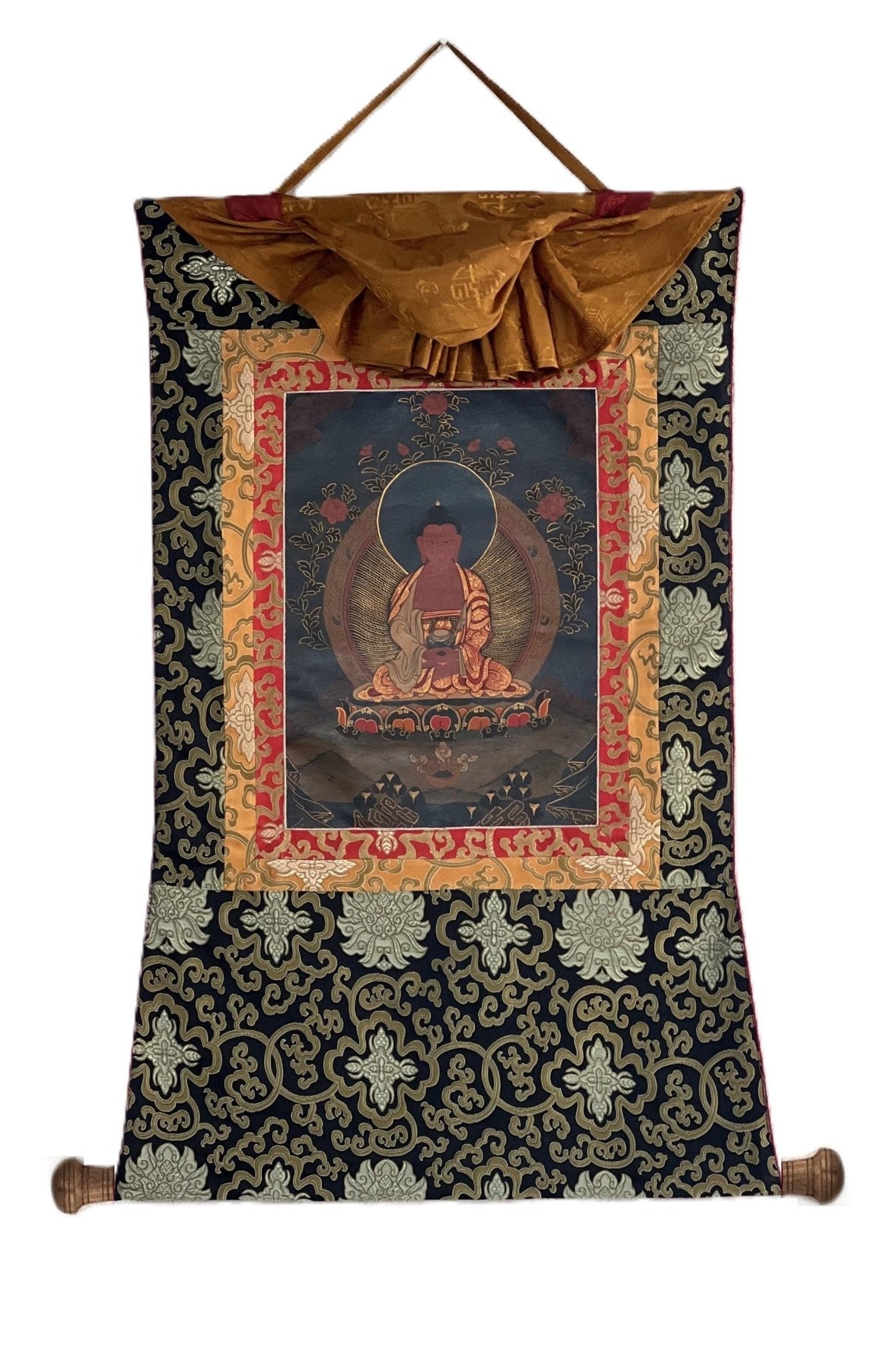 Amitabha Buddha/ Pure Land (Sukhavati) Old Oil - Varnished Thanka / Tibetan Thangka Painting / Hand Painting / Buddhist Art from Nepal - Tibetan Thangka Art