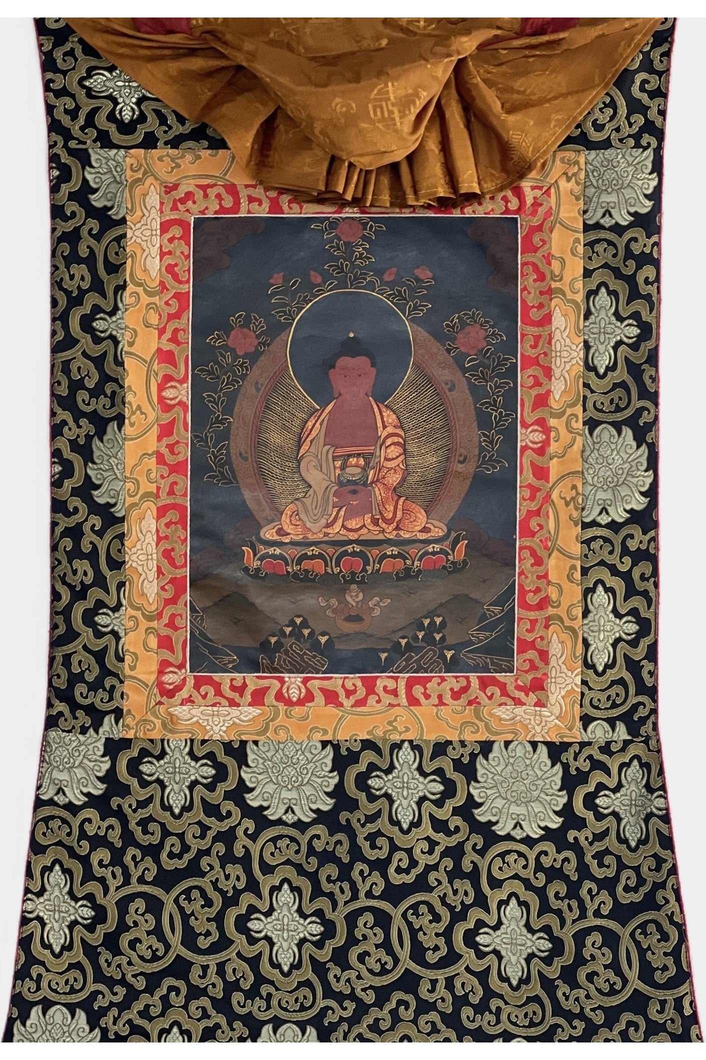Amitabha Buddha/ Pure Land (Sukhavati) Old Oil - Varnished Thanka / Tibetan Thangka Painting / Hand Painting / Buddhist Art from Nepal - Tibetan Thangka Art