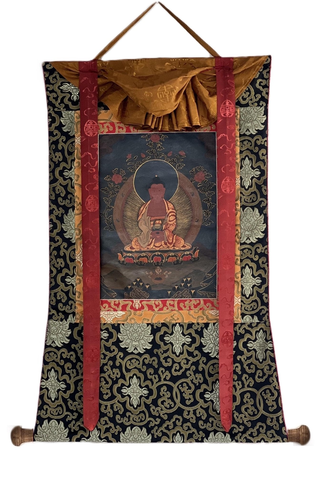 Amitabha Buddha/ Pure Land (Sukhavati) Old Oil - Varnished Thanka / Tibetan Thangka Painting / Hand Painting / Buddhist Art from Nepal - Tibetan Thangka Art