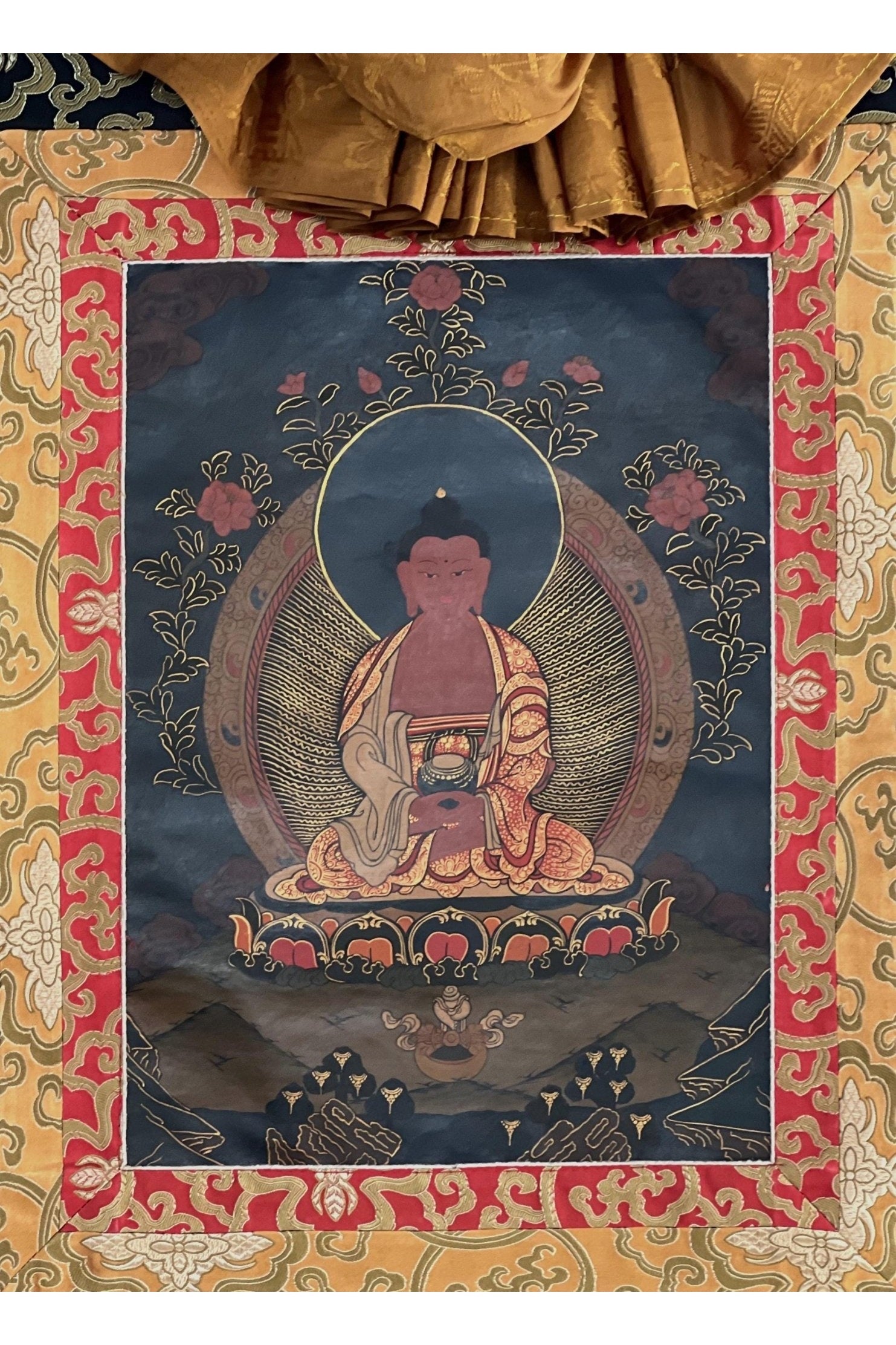 Amitabha Buddha/ Pure Land (Sukhavati) Old Oil - Varnished Thanka / Tibetan Thangka Painting / Hand Painting / Buddhist Art from Nepal - Tibetan Thangka Art