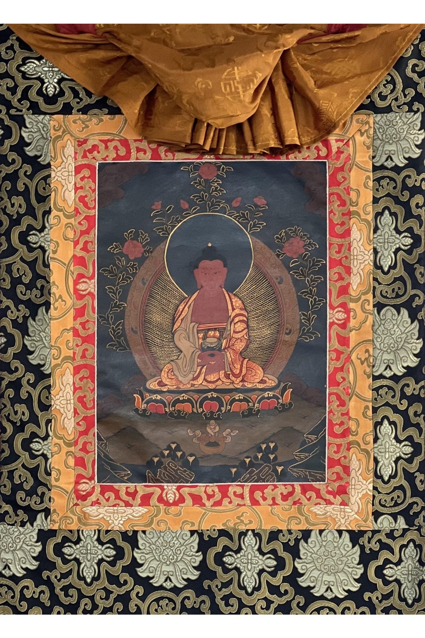 Amitabha Buddha/ Pure Land (Sukhavati) Old Oil - Varnished Thanka / Tibetan Thangka Painting / Hand Painting / Buddhist Art from Nepal - Tibetan Thangka Art