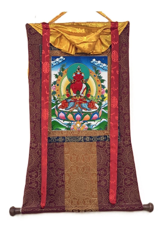 Amitayus/Aparamita/ Buddha of Eternal Life/Pure Land Sukhavati Original Masterpiece Tibetan Thangka Painting with High - Quality Silk Brocade - Tibetan Thangka Art