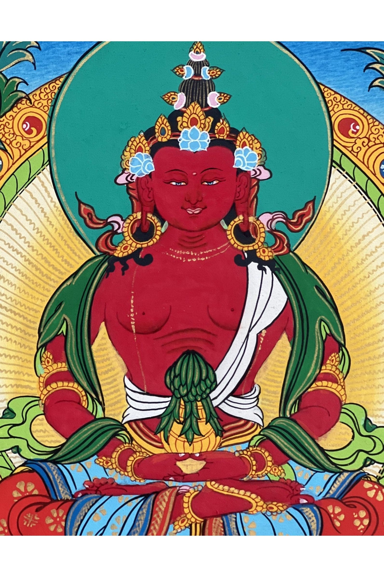 Amitayus/Aparamita/ Buddha of Eternal Life/Pure Land Sukhavati Original Masterpiece Tibetan Thangka Painting with High - Quality Silk Brocade - Tibetan Thangka Art