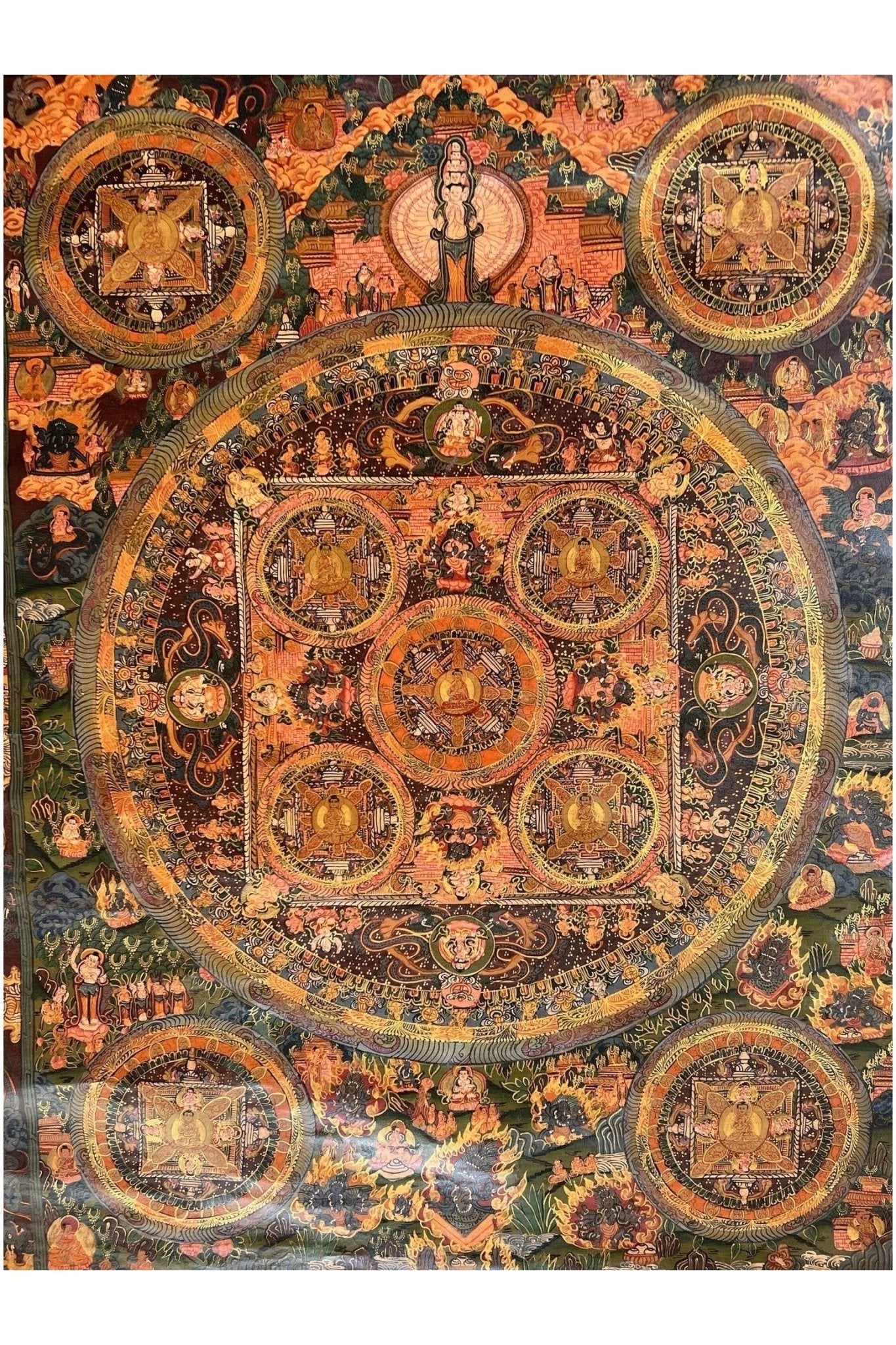 Avalokiteshvara Big Circle Buddha Mandala Old Oil - Varnished Original Hand Painted Large Tibetan Thangka Painting/Meditation Art - Tibetan Thangka Art