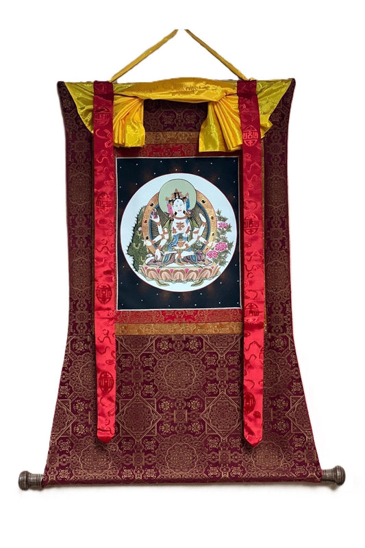 Basundhara/Vasudhara/ Namgyalma/ Dakini of Longevity Tibetan Thangka Painting, Original Hand - Painted Art Bordered with Premium Quality Silk - Tibetan Thangka Art