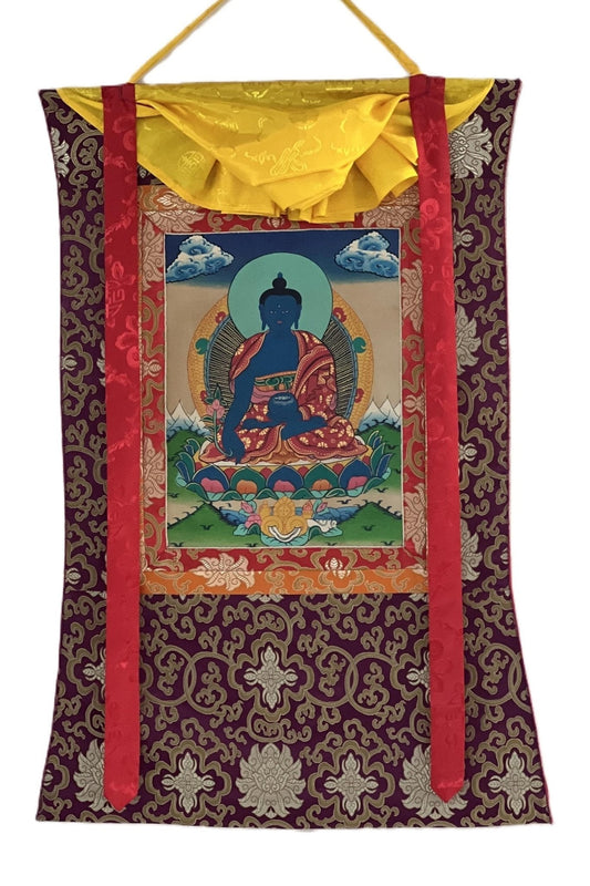 Bhaisajyaguru / Medicine Buddha/ Master Healer/ Tibetan Thangka Painting/ Original Buddhist Art Framed with Silk Brocade - Tibetan Thangka Art