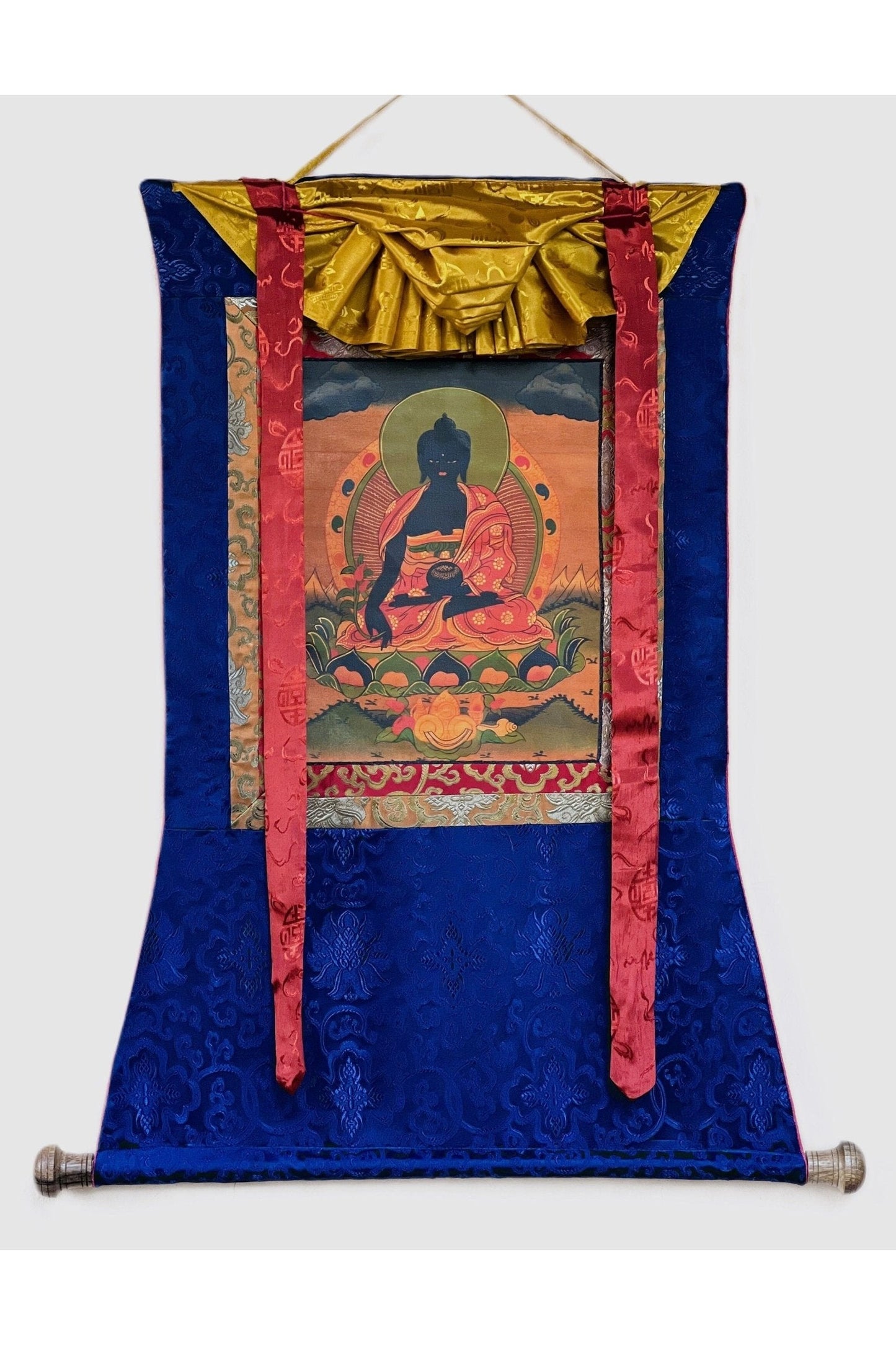 Bhaisajyaguru Medicine Buddha Oil - Varnished Old Tibetan Thangka Painting Original Art with Silk Border - Tibetan Thangka Art