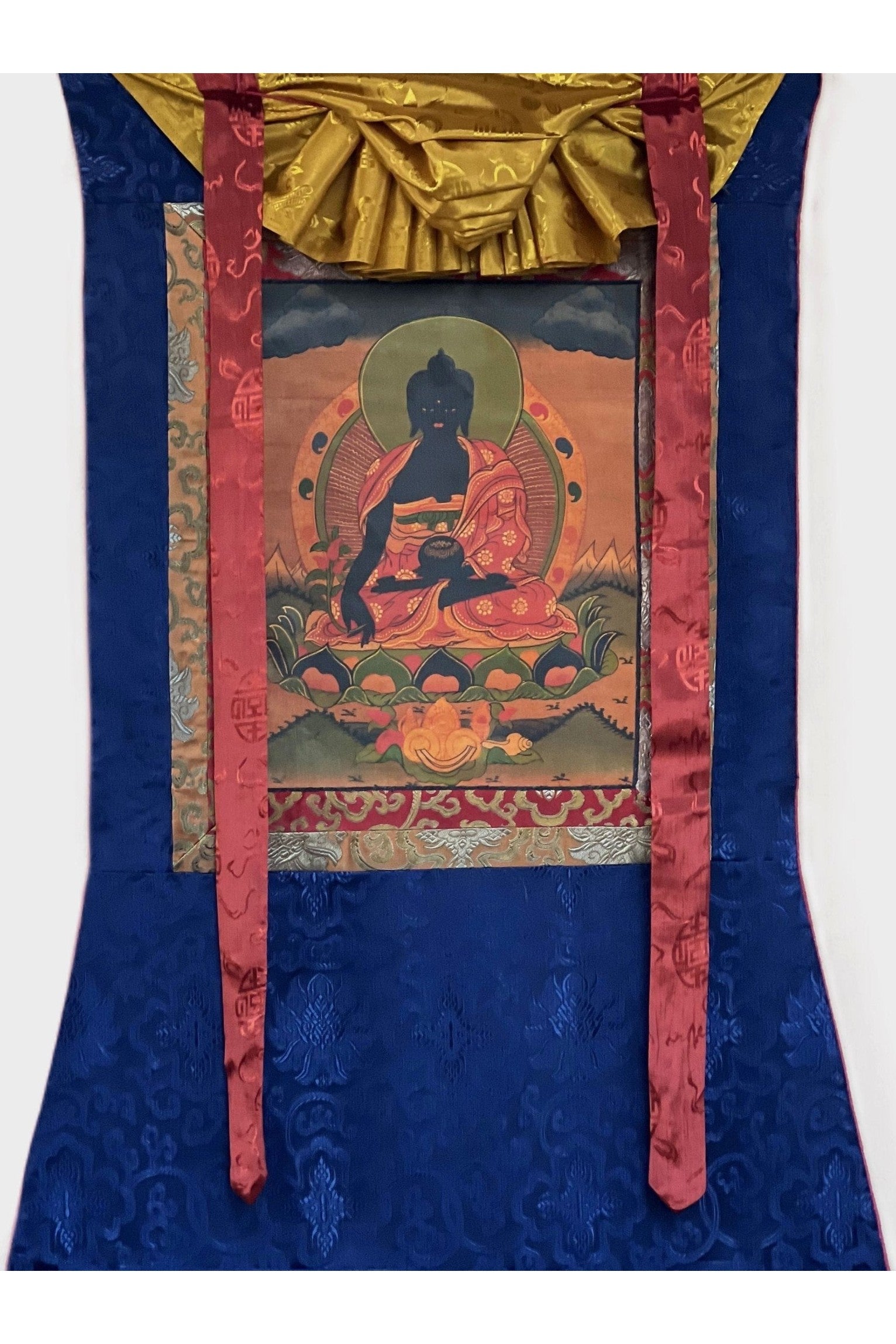 Bhaisajyaguru Medicine Buddha Oil - Varnished Old Tibetan Thangka Painting Original Art with Silk Border - Tibetan Thangka Art