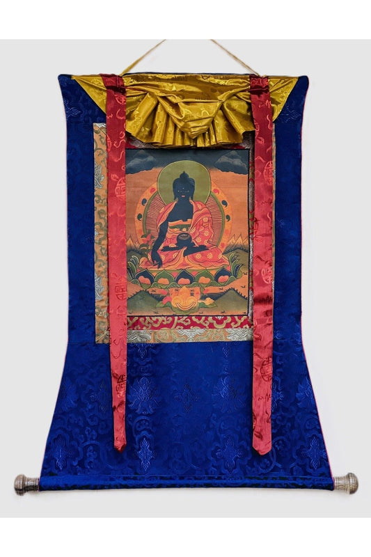 Bhaisajyaguru Medicine Buddha Oil - Varnished Old Tibetan Thangka Painting Original Art with Silk Border - Tibetan Thangka Art