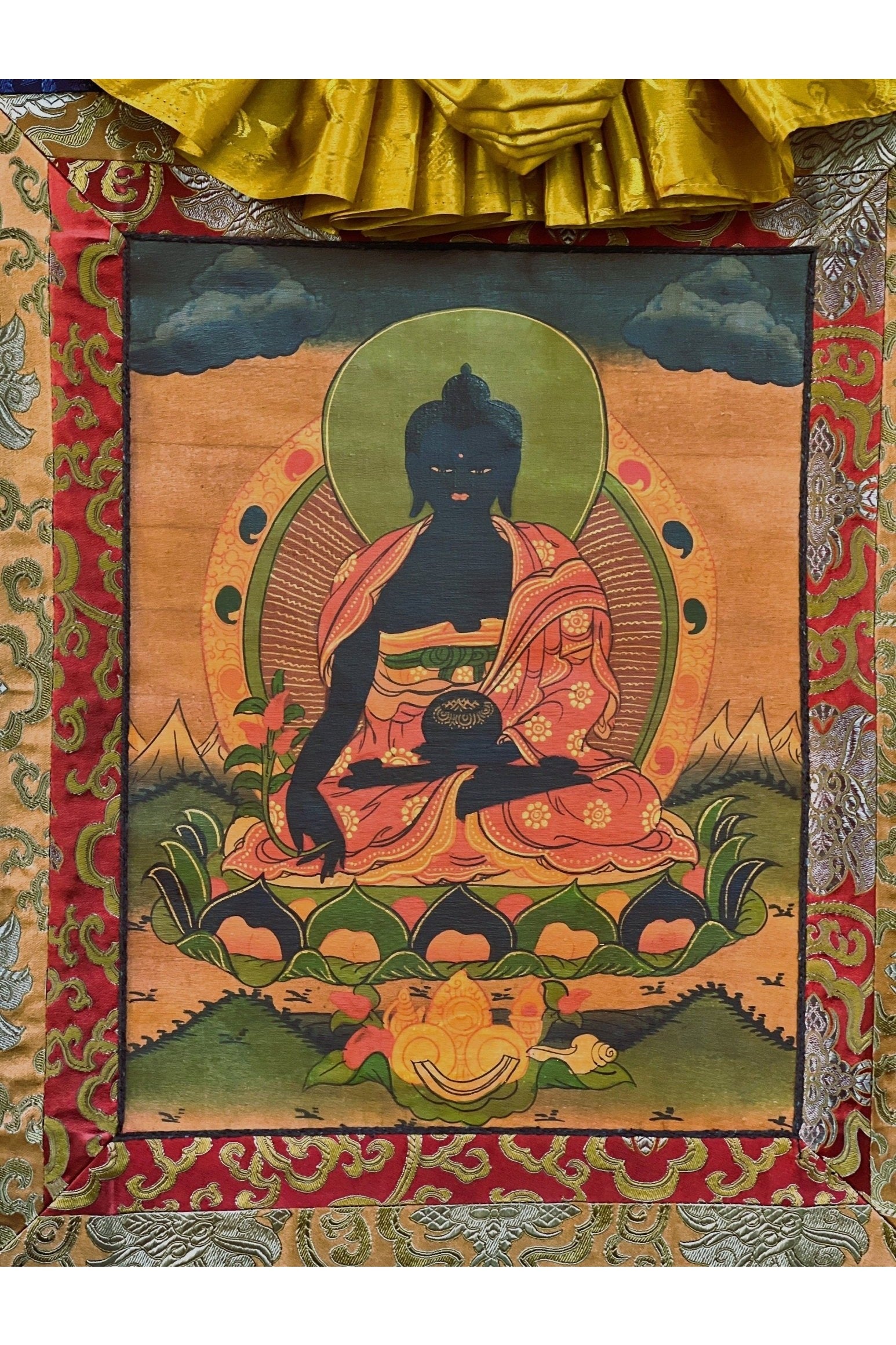 Bhaisajyaguru Medicine Buddha Oil - Varnished Old Tibetan Thangka Painting Original Art with Silk Border - Tibetan Thangka Art
