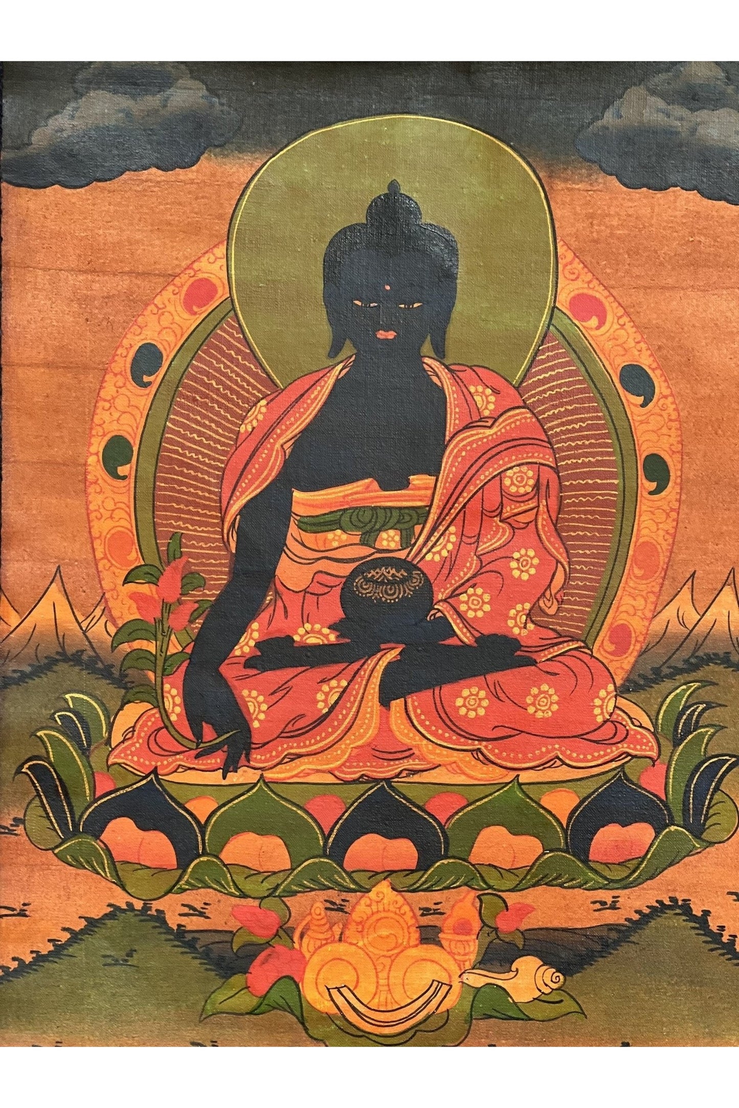 Bhaisajyaguru Medicine Buddha Oil - Varnished Old Tibetan Thangka Painting Original Art with Silk Border - Tibetan Thangka Art