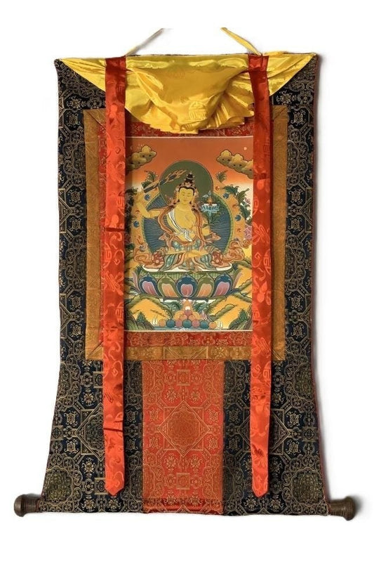 Bodhisattva of Compassion Manjushri /Manjusri/ Manjushree Original Hand - Painted Tibetan Thangka Painting/ Compassion Art With Silk Frame - Tibetan Thangka Art